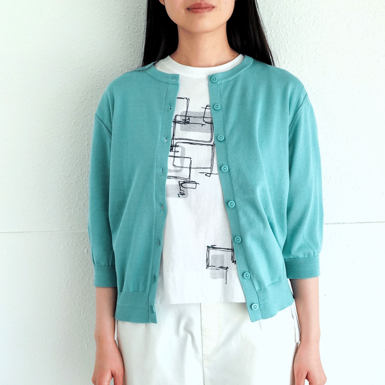 スビンコットン丸首六分袖カーディガン