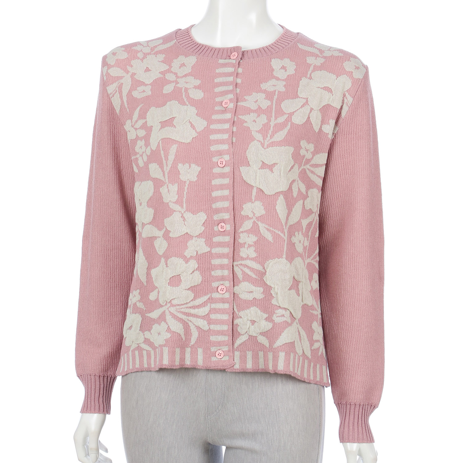 花柄膨れジャガード丸首カーディガン - 画像4