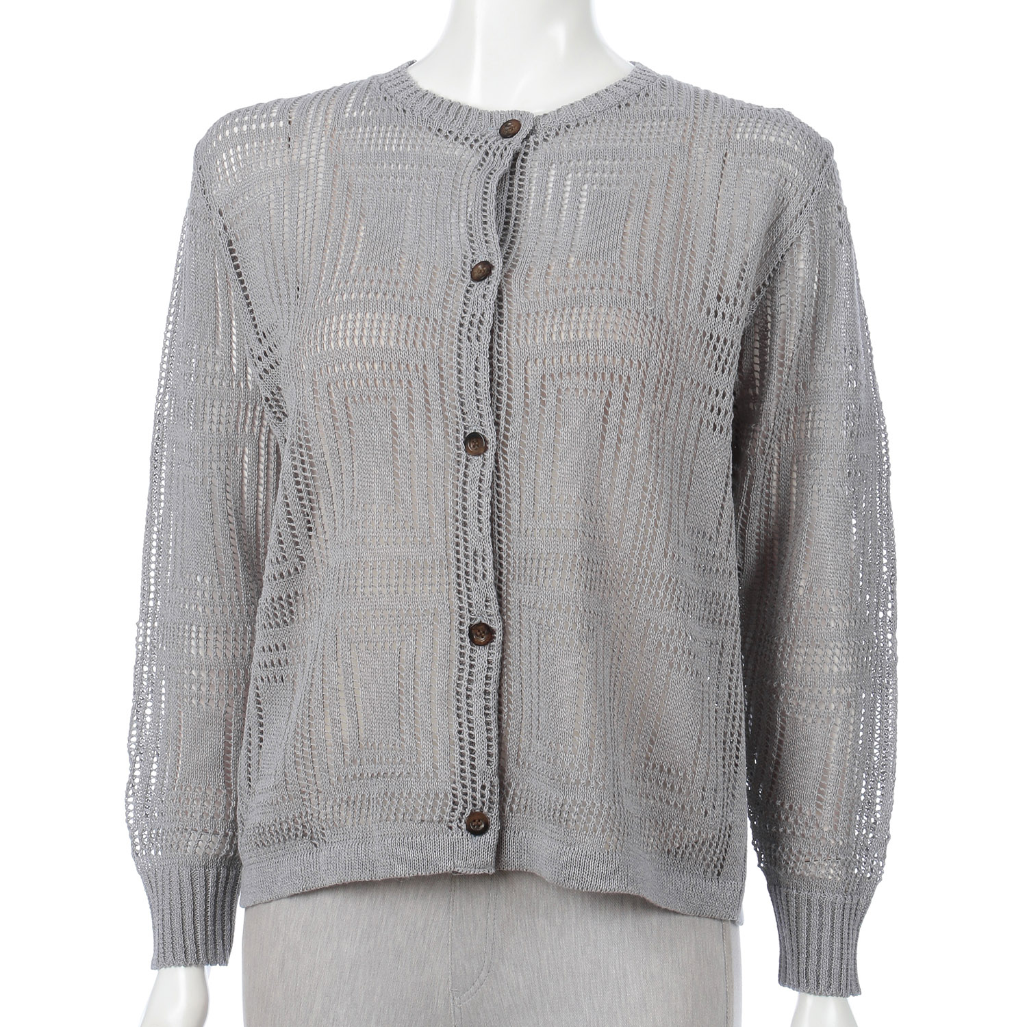 幾何学柄透かし編み丸首カーディガン