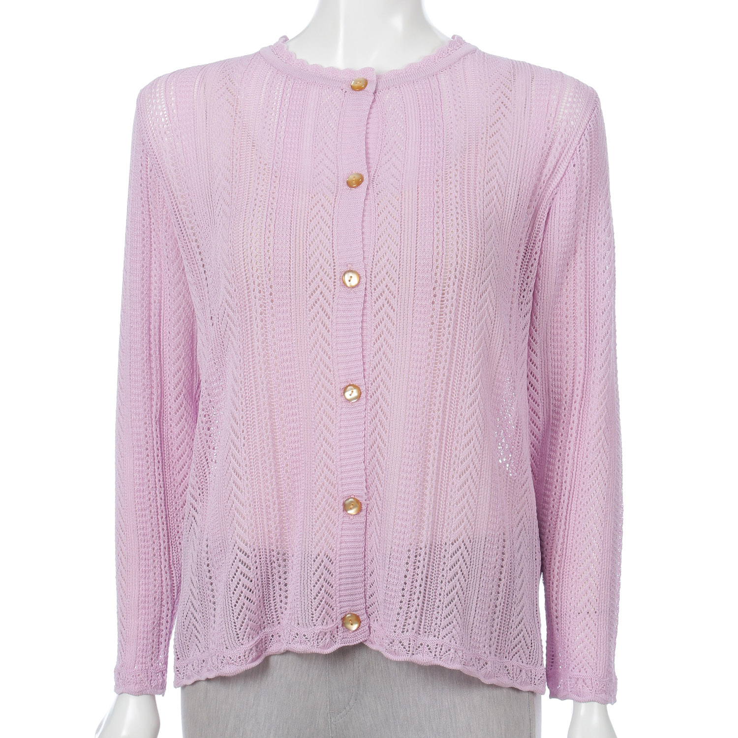 縦柄透かし丸首カーディガン - 画像1