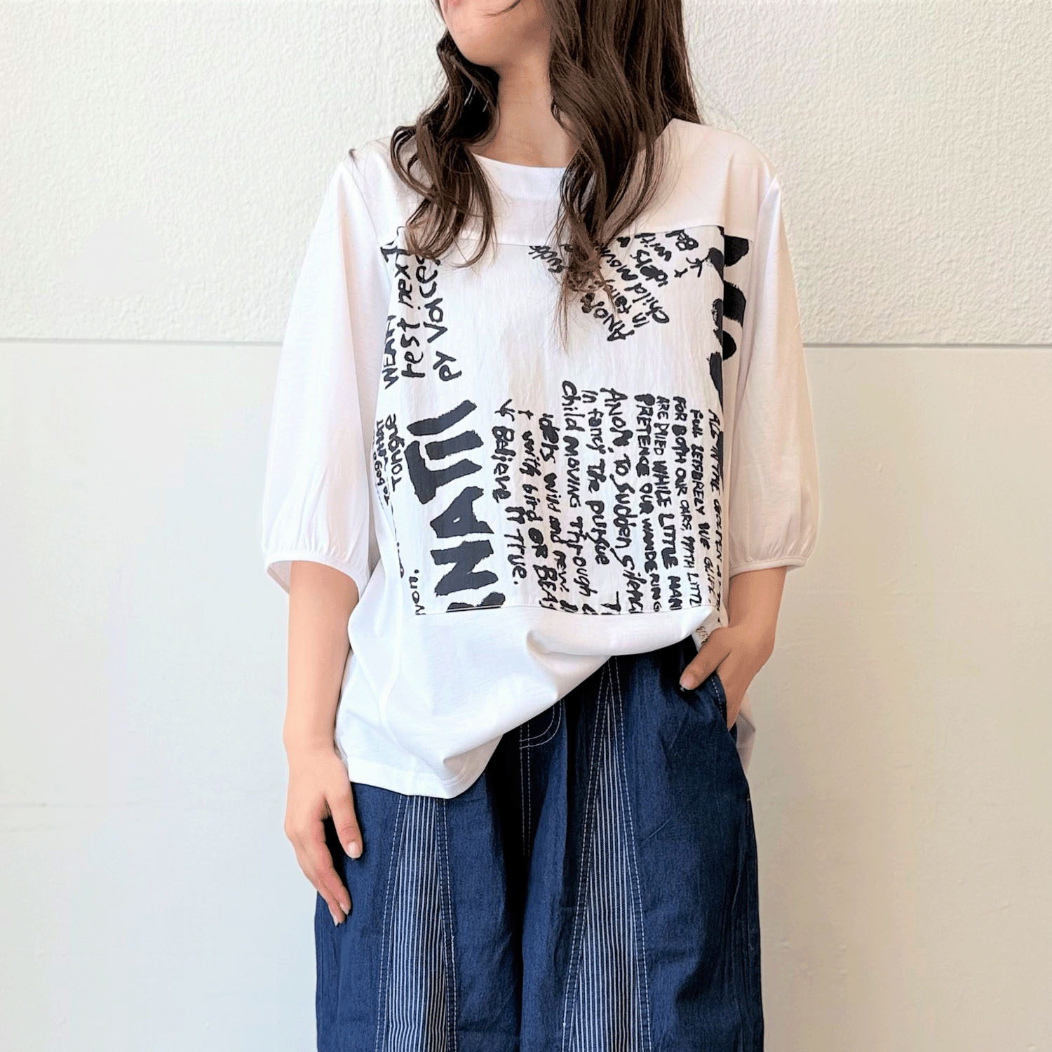 布帛プリント使い五分袖プルオーバー