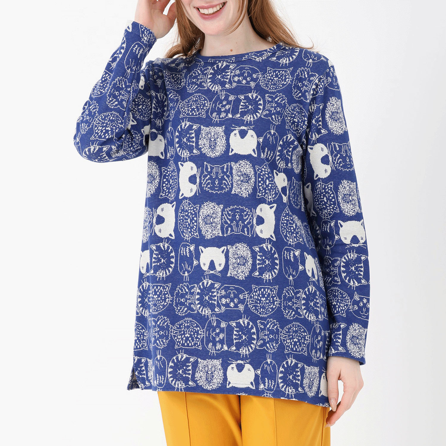 T’BIS STUDIO 長袖ネコ柄Wジャカードチュニック丈カットソー - 画像5