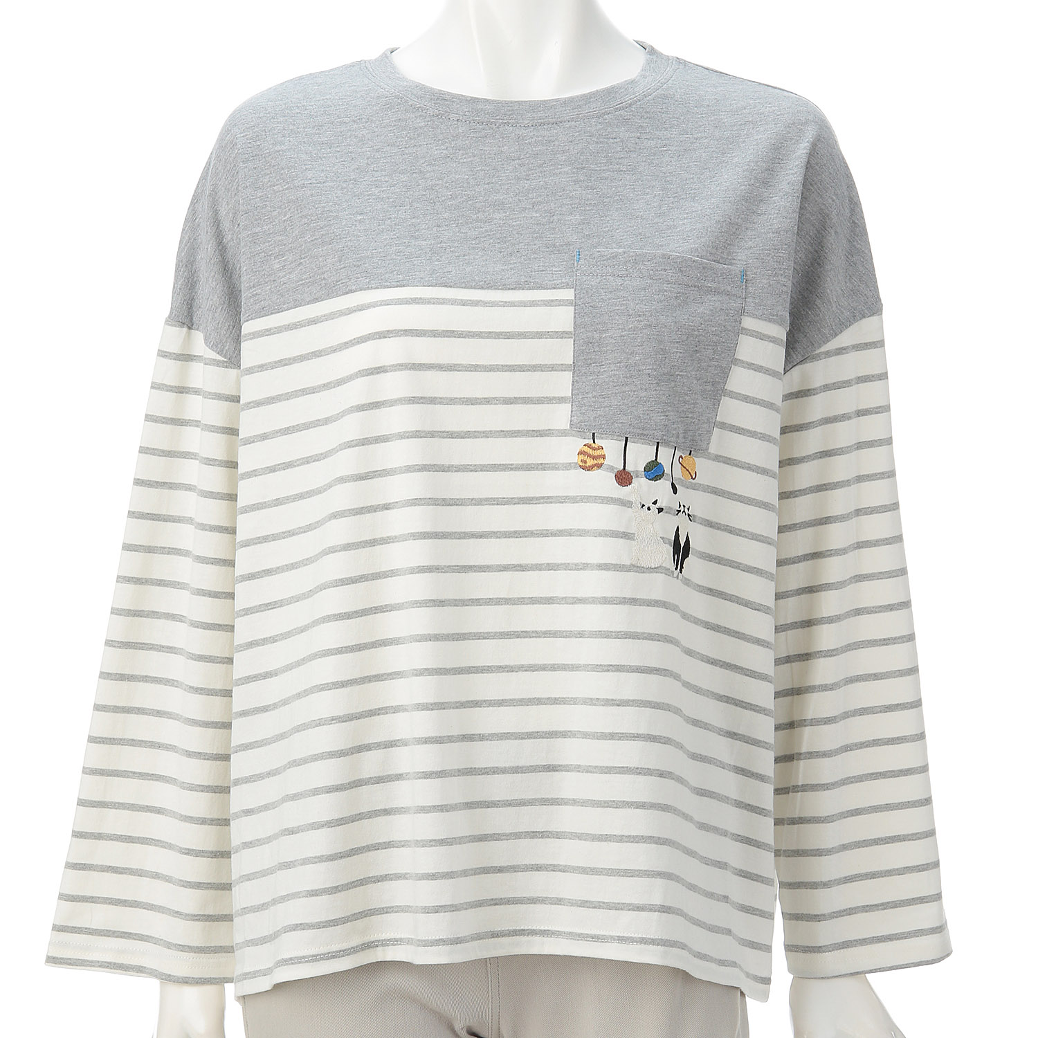 Myauris ネコ刺繍長袖Tシャツ