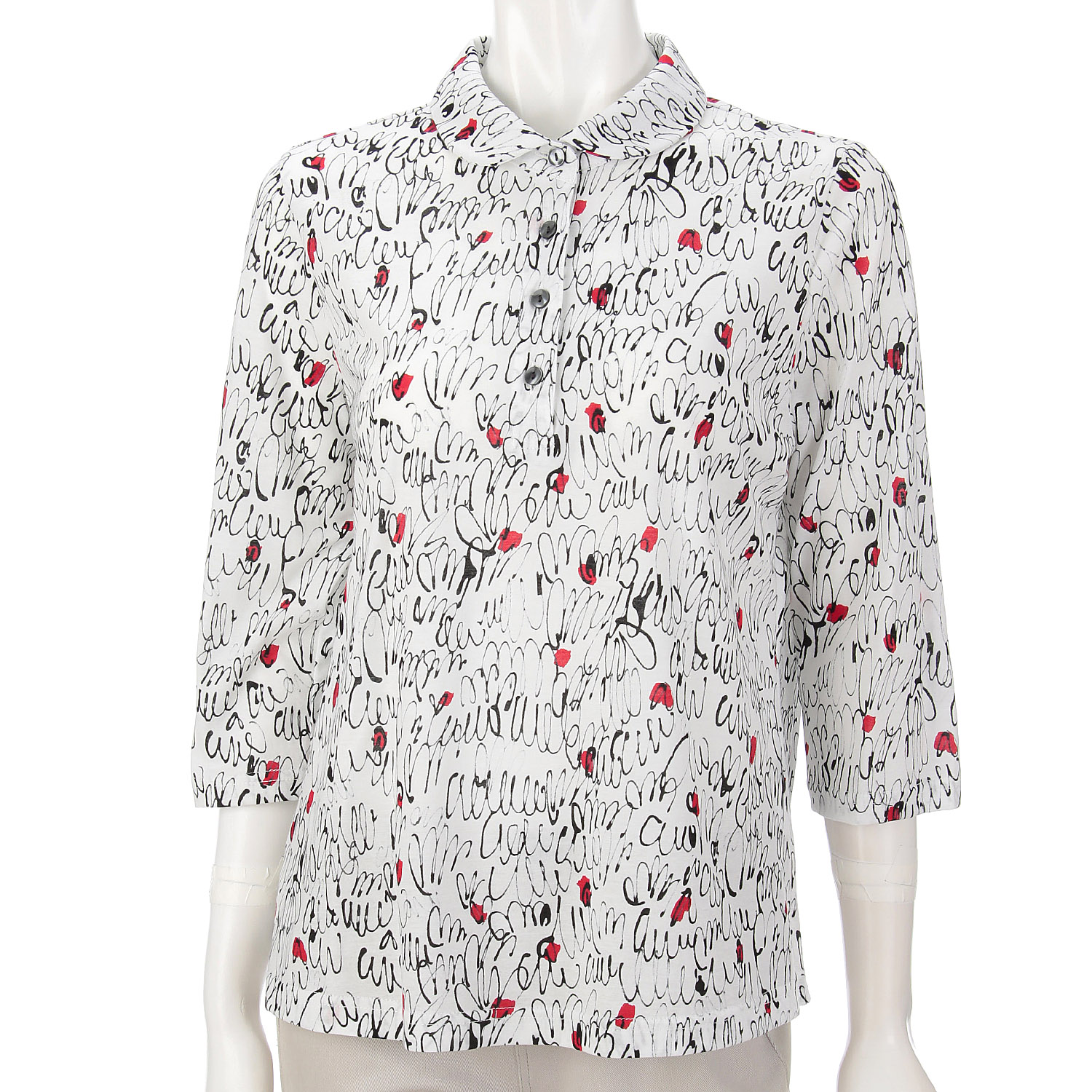 台襟付き抽象柄総プリントポロシャツ