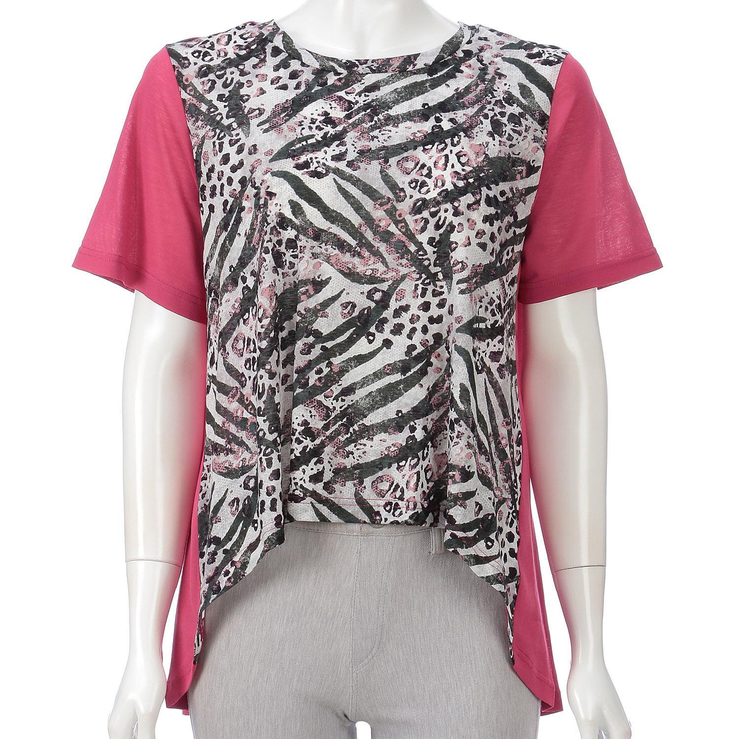 アニマル柄プリント無地切替カットソー