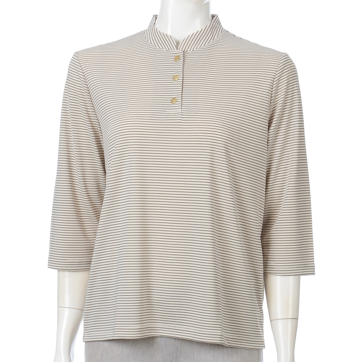 ボタン付きマオカラーボーダープルオーバー - 画像3