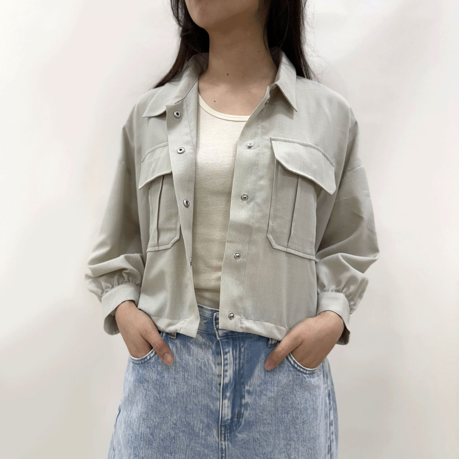 麻調ナチュラルワッシャーシャツブルゾン