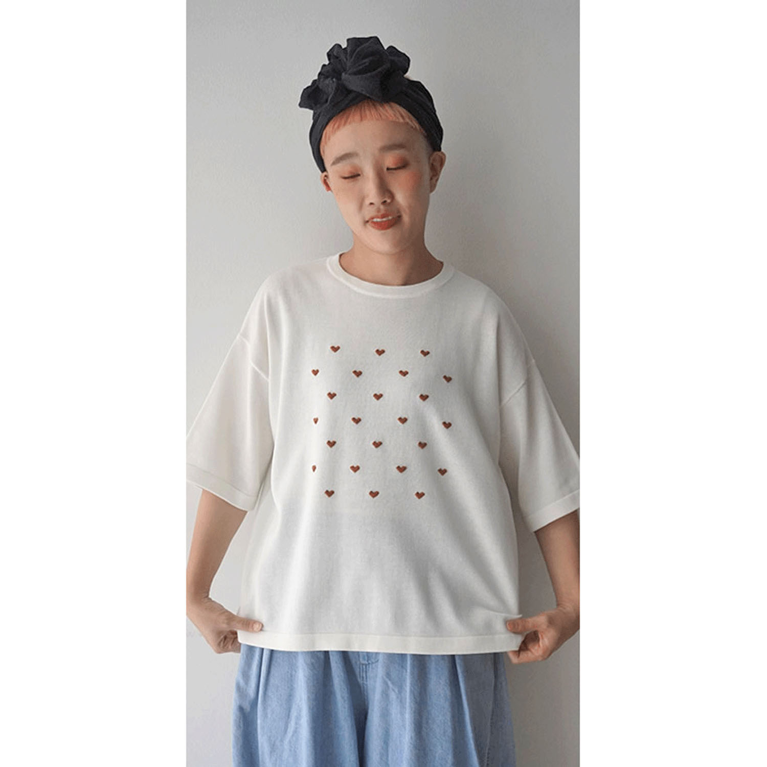 【Insta Live】mao made ハート刺繍5分袖ニットTEE