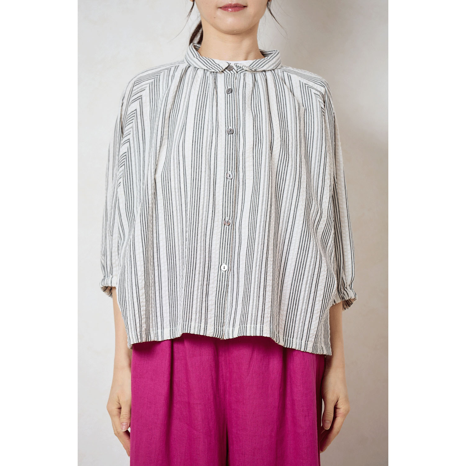 le ciel de demain 綿混ランダムサッカーストライプブラウス