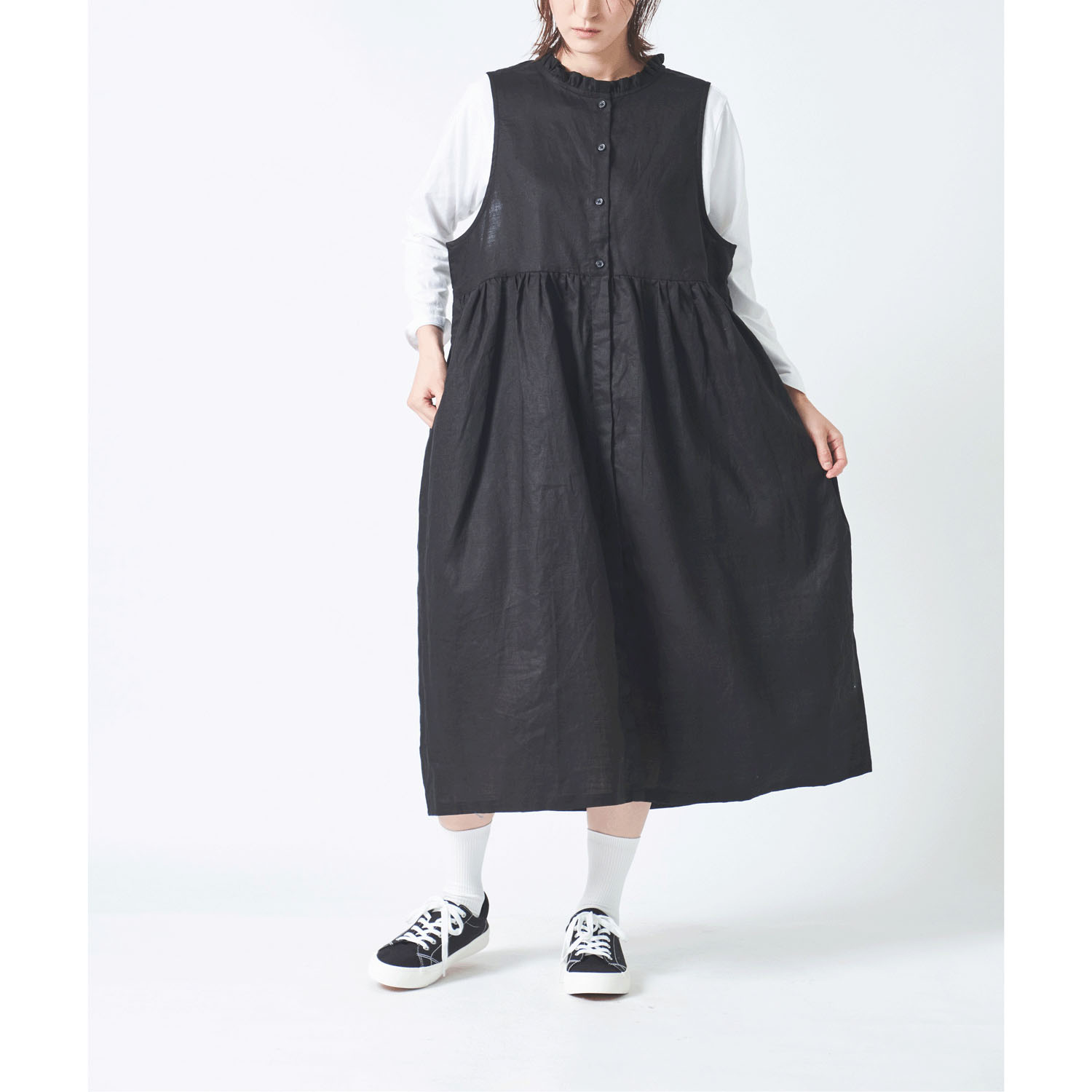 ubasoku 衿フリル途中比翼ウエストギャザー両サイドポケットノースリワンピース