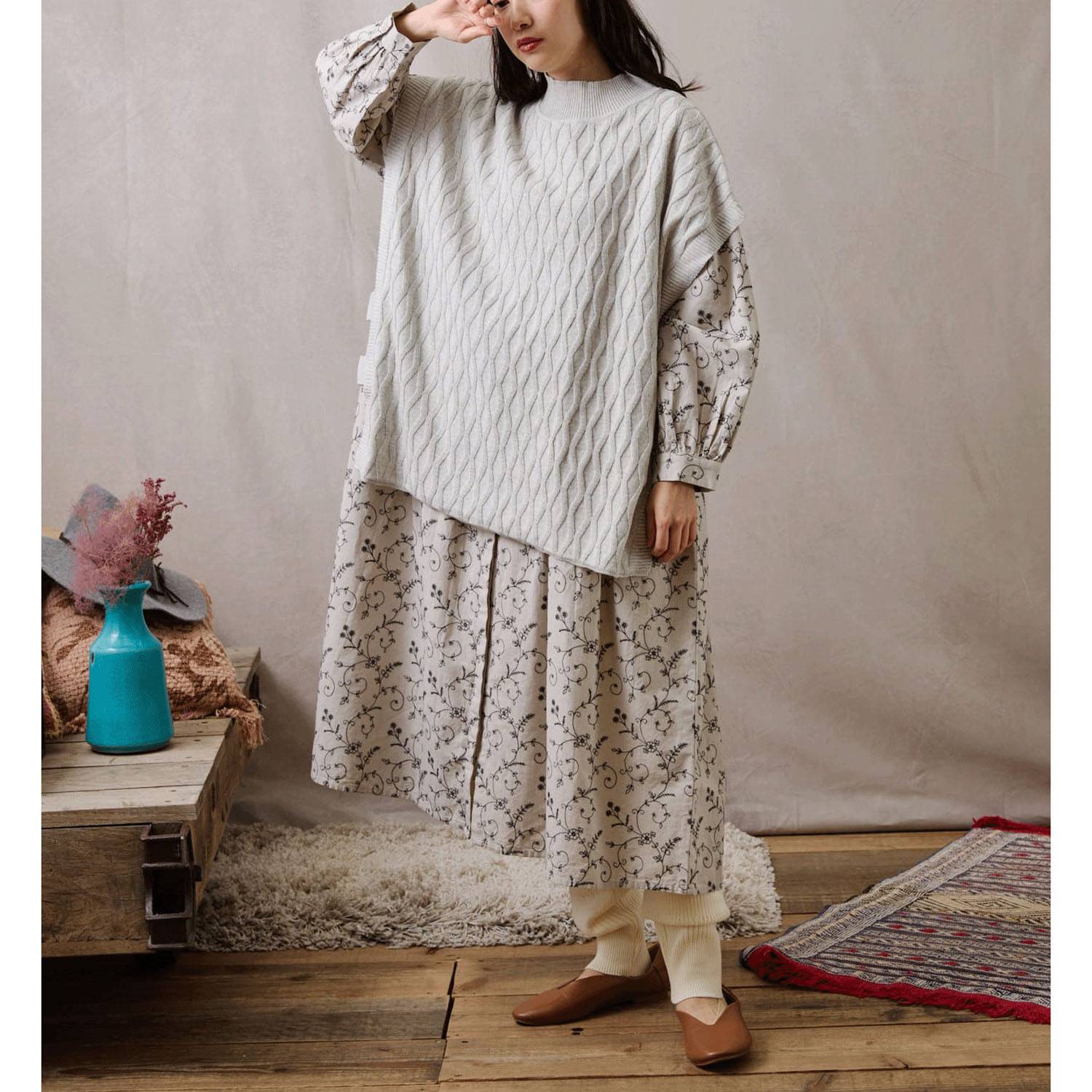 teMite 綿ニット模様編みベスト - 画像11