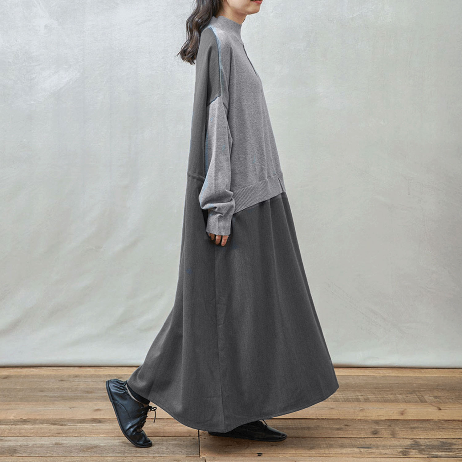 【Insta Live】teMite ニット×布帛ドッキングワンピース - 画像4