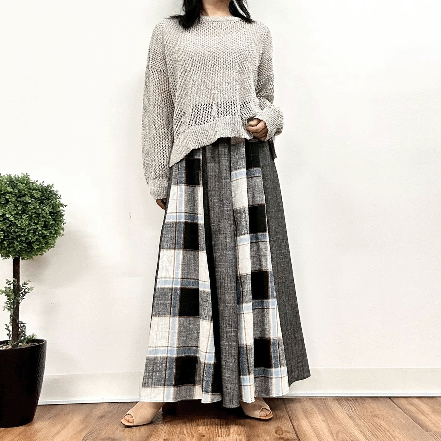 MONiLE 麻混チェック＆無地コンビスカート - 画像4