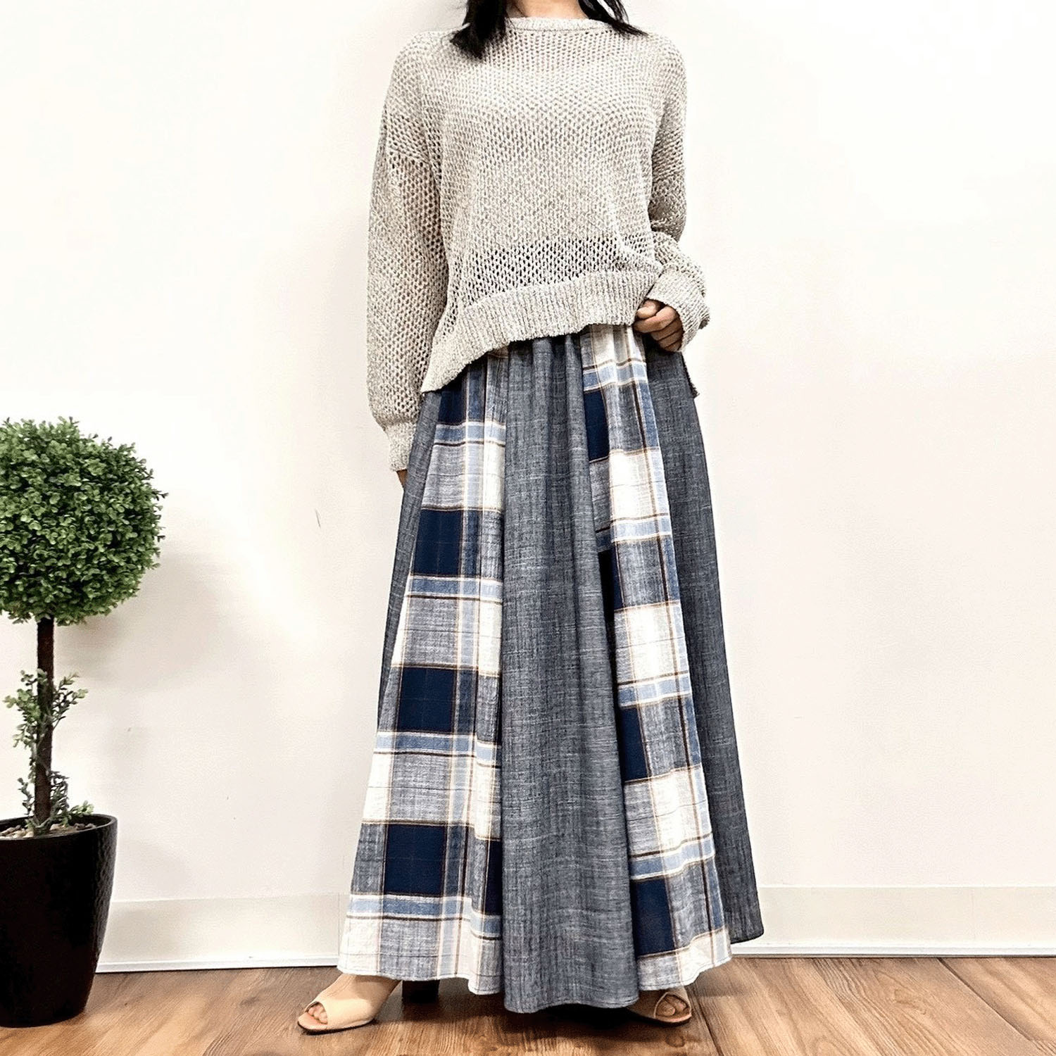 MONiLE 麻混チェック＆無地コンビスカート - 画像8