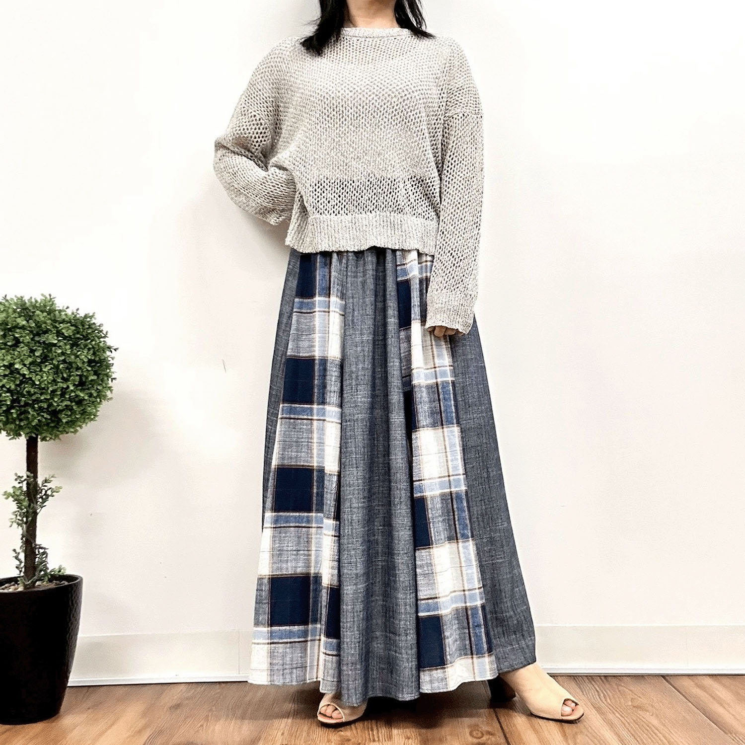 MONiLE 麻混チェック＆無地コンビスカート - 画像9