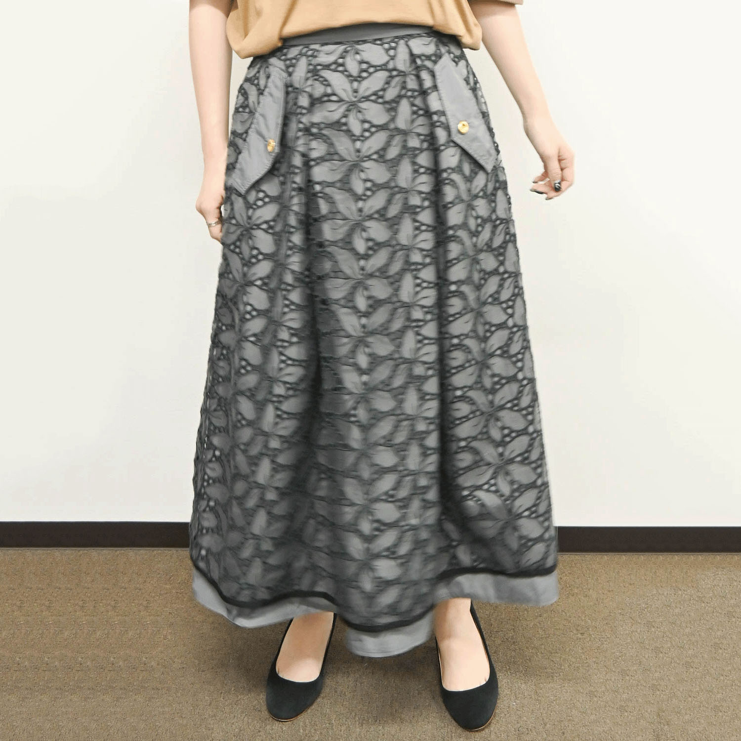 trois オーガンジーレース×ツイルレイヤードスカート