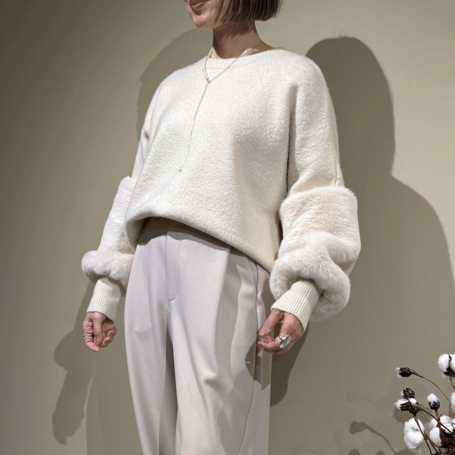 【Insta Live】trois 袖エコファー切替プルオーバーニット