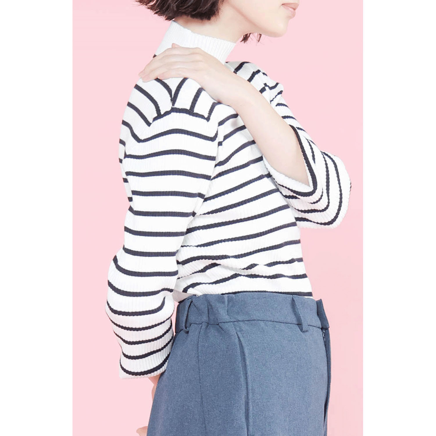 trois テレコ無地＆ボーダー7分袖ハイネックテレコニット - 画像7