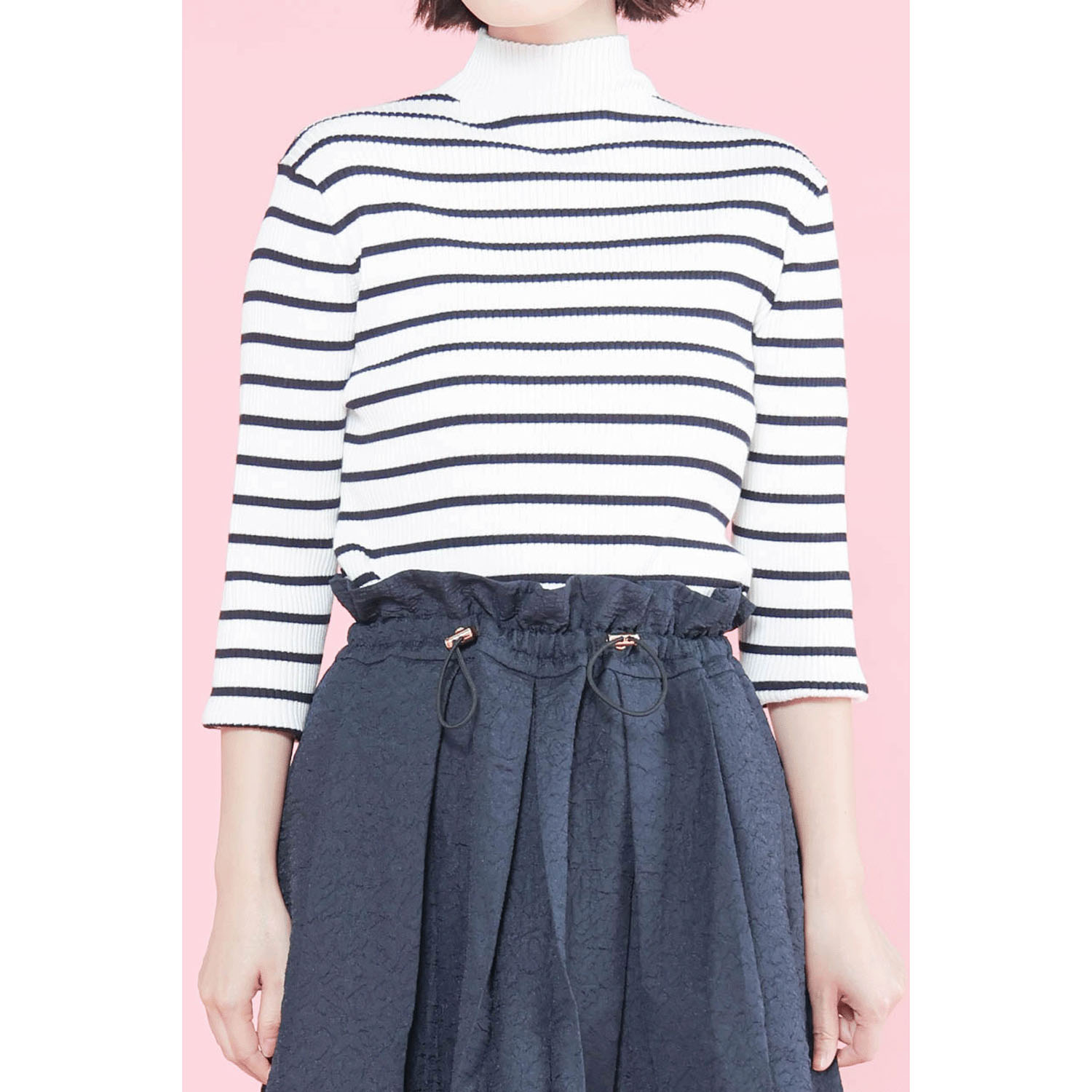 trois テレコ無地＆ボーダー7分袖ハイネックテレコニット