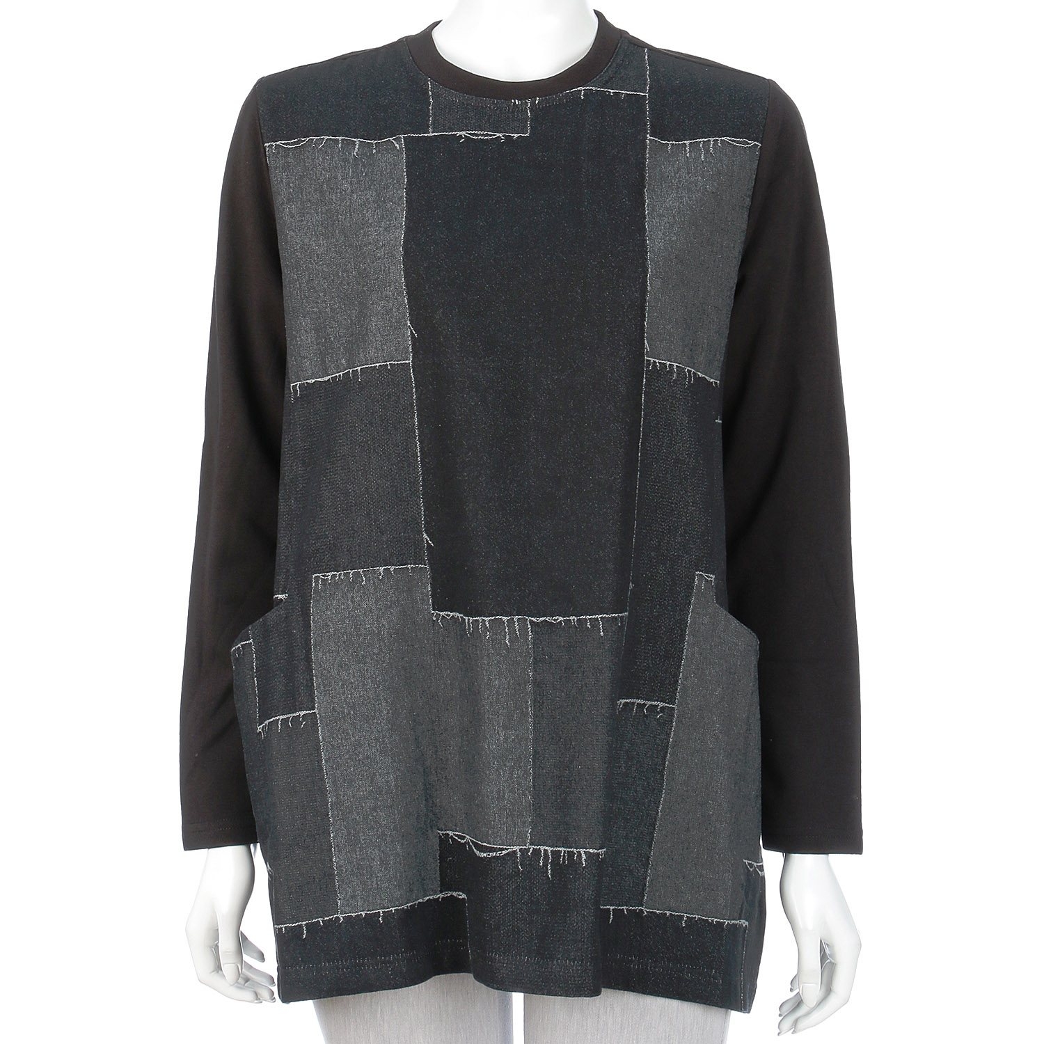 パッチワーク柄デニム×無地切替プルオーバー