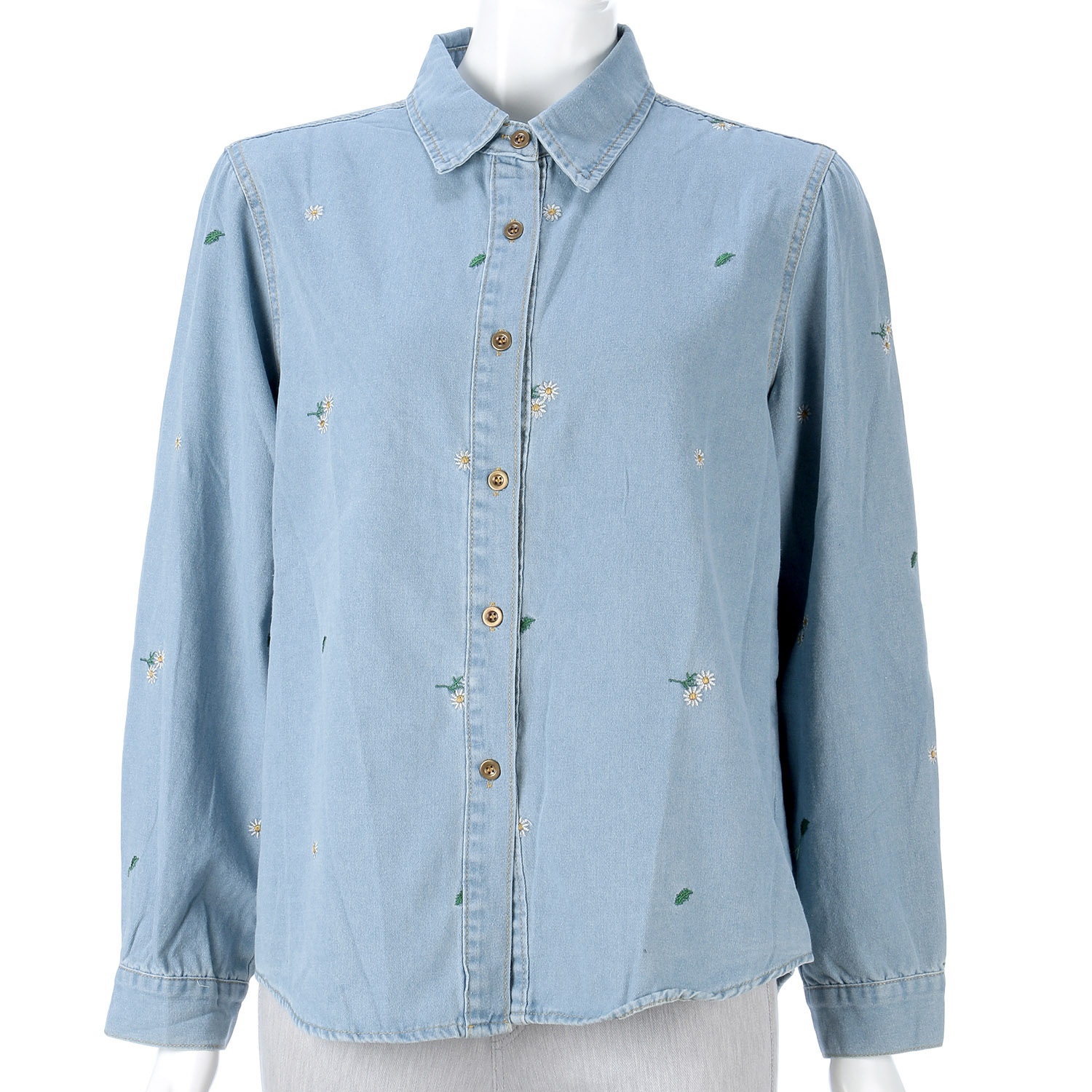 刺繍デニム長袖ブラウス