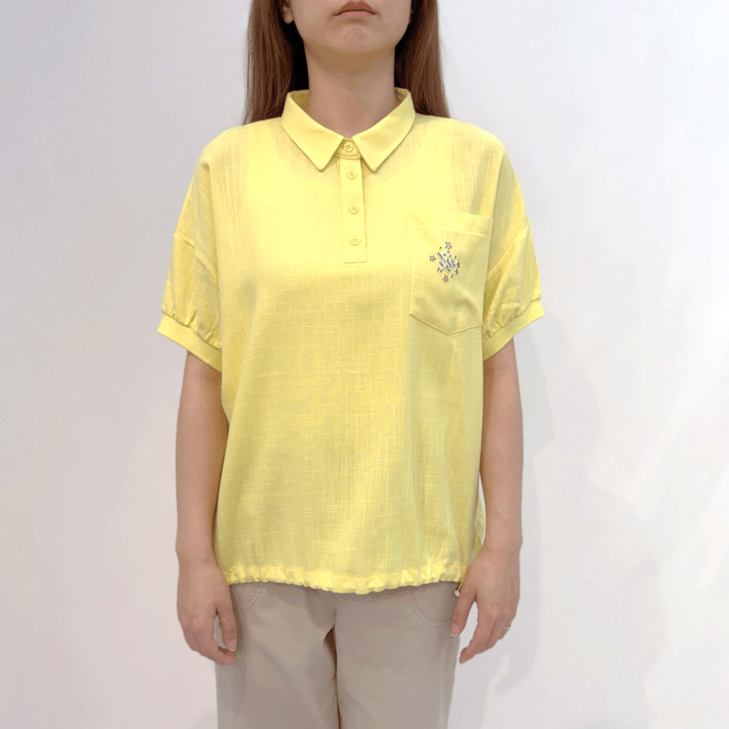 麻混襟付きデザインブラウス - 画像4