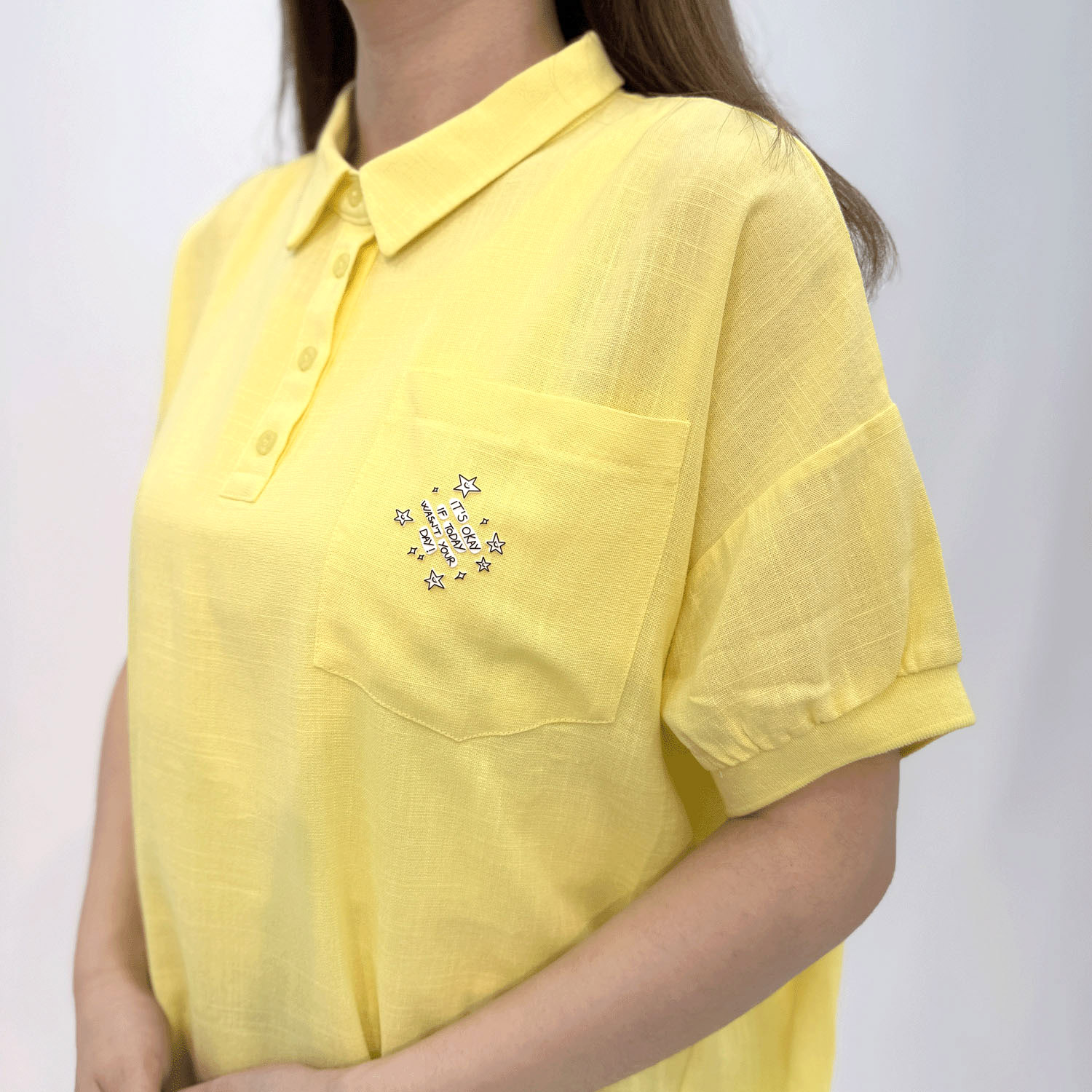 麻混襟付きデザインブラウス - 画像5