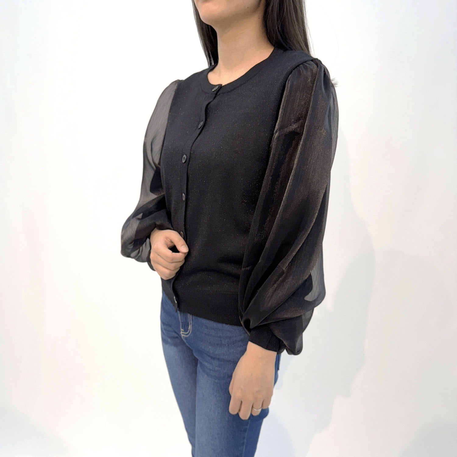 ラメ布帛ニットカーディガン - 画像7