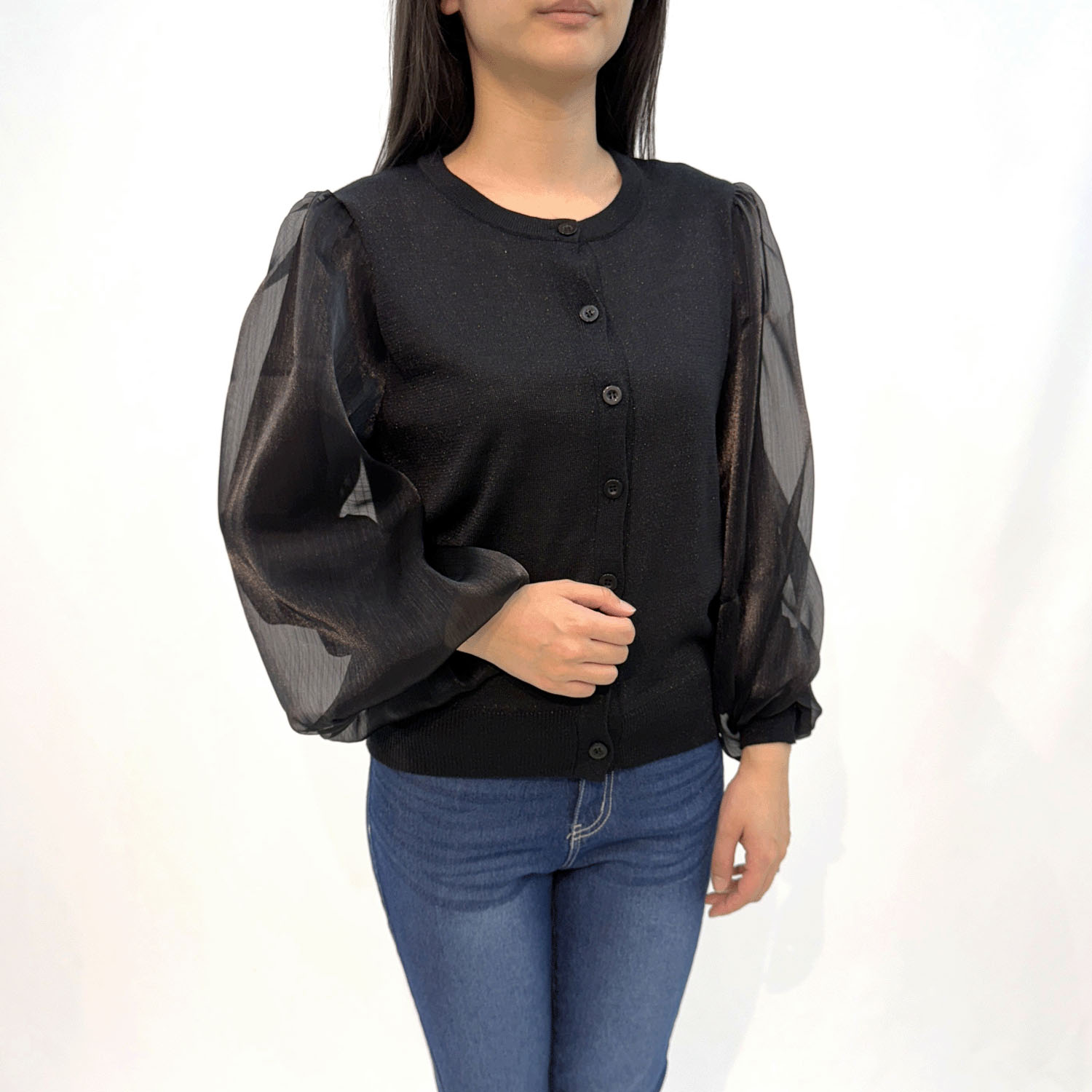 ラメ布帛ニットカーディガン