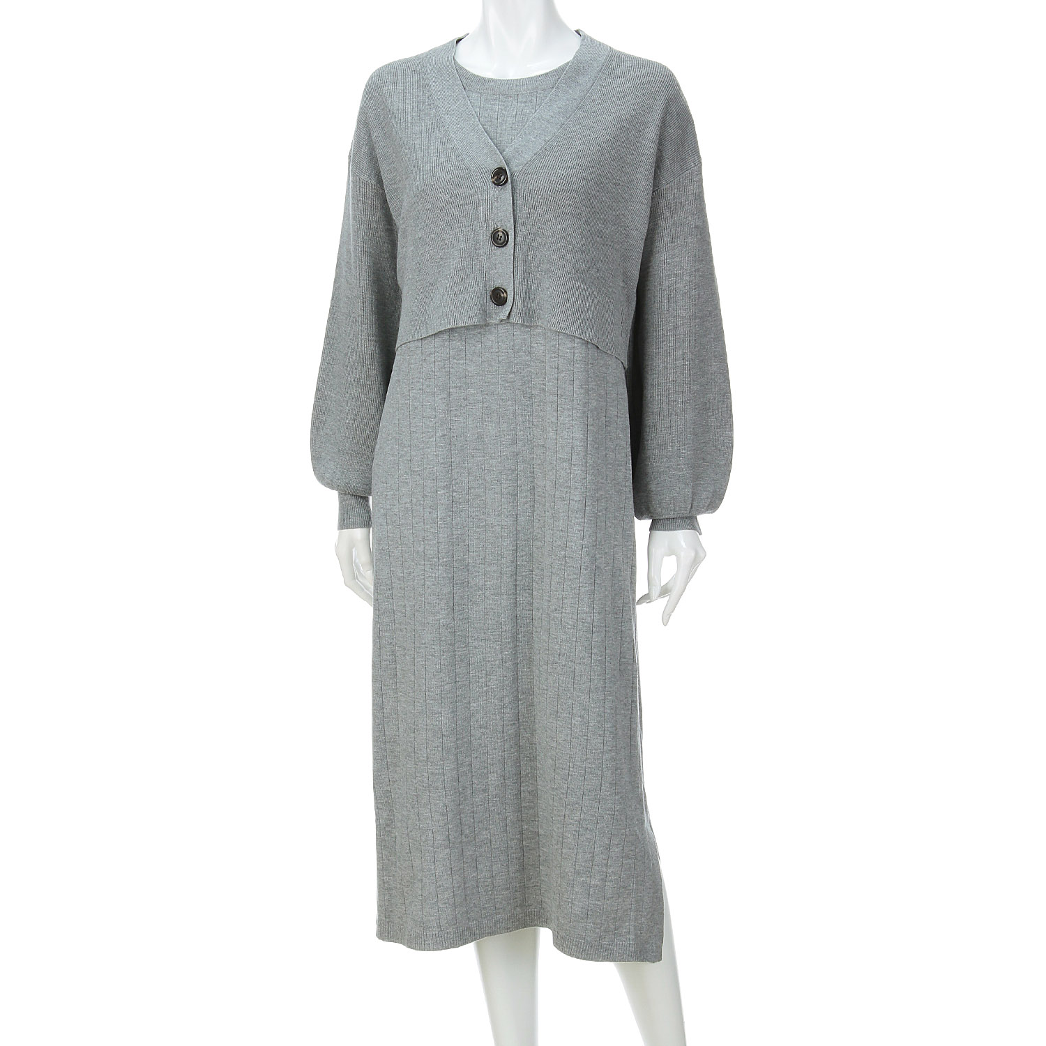 ワイドリブノースリーブワンピース畦カーディガンSET - 画像3