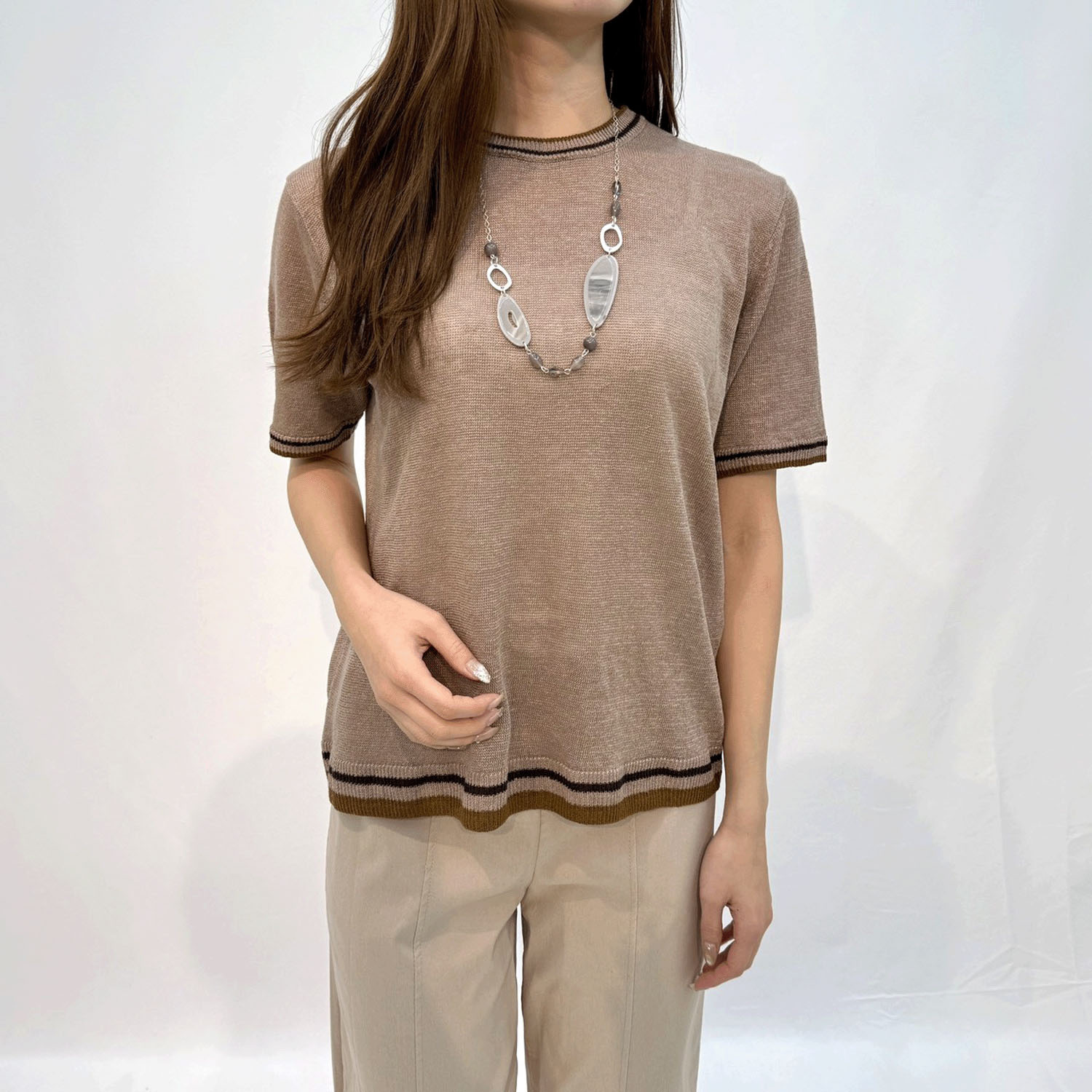 麻100％3配色丸首プルオーバー