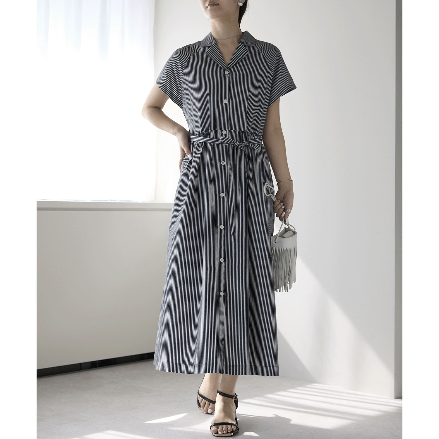 【お取り寄せ】PREFERIR（プレフェリール） ストライプラグラン切替 オープンカラーワンピース - 画像3