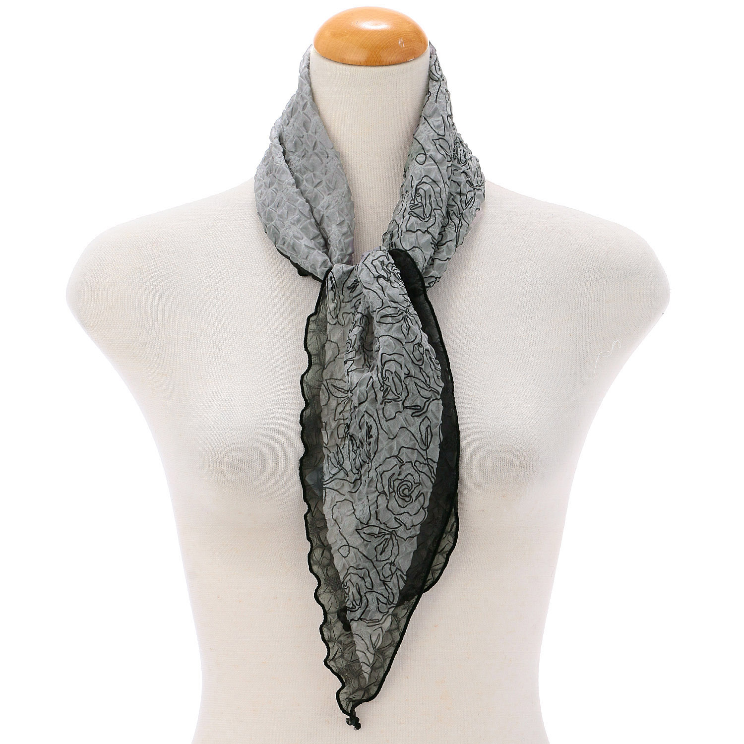 線画ローズ柄シワ加工剣先スカーフ