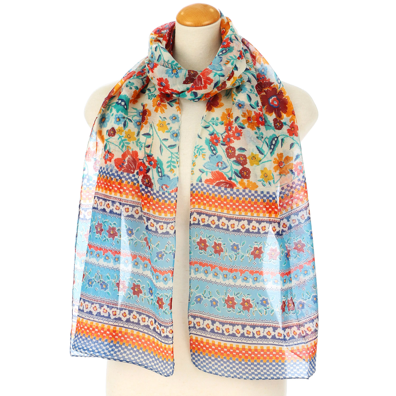 インド製 綿シルクボーダー花柄ストール