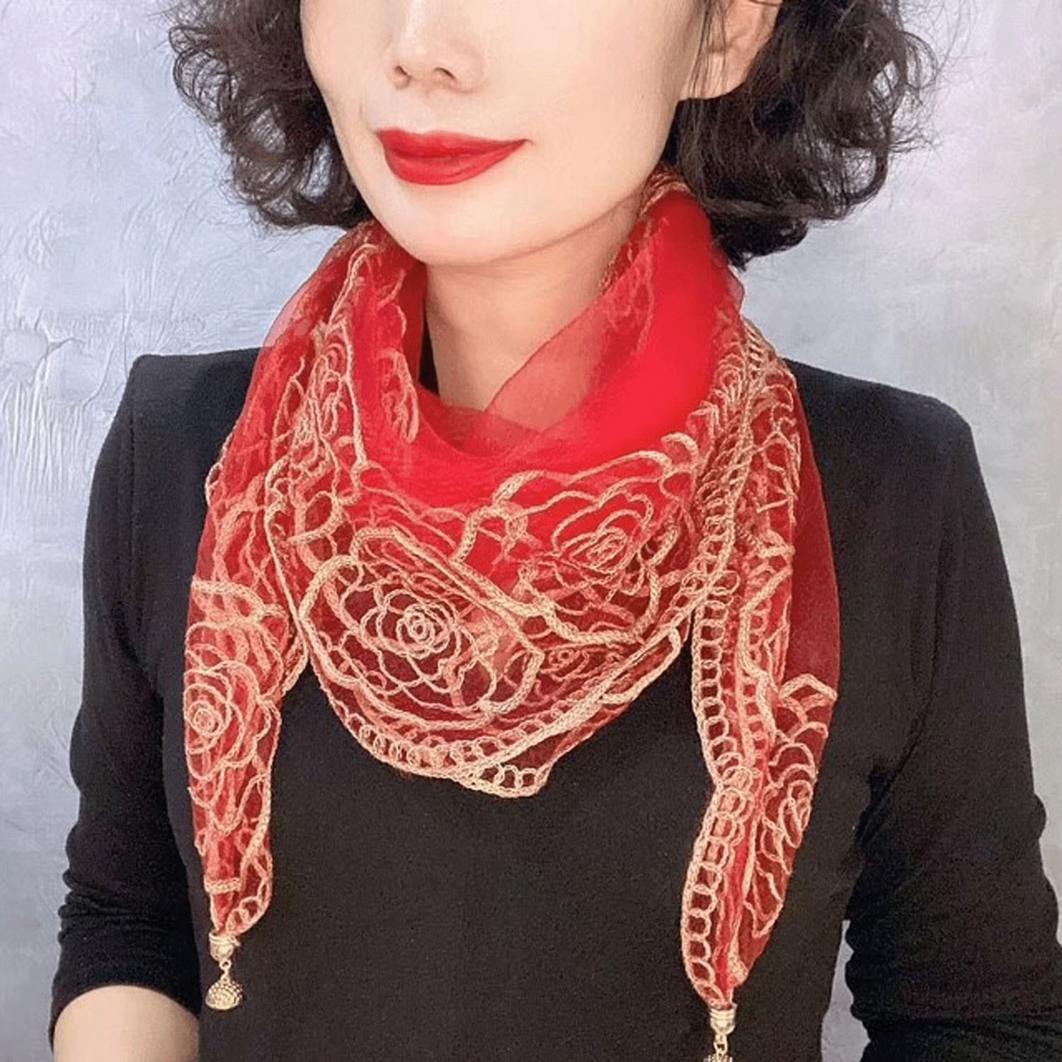 【キャメル、ワイン終了】マグネット付ローズ刺繍スカーフ - 画像7