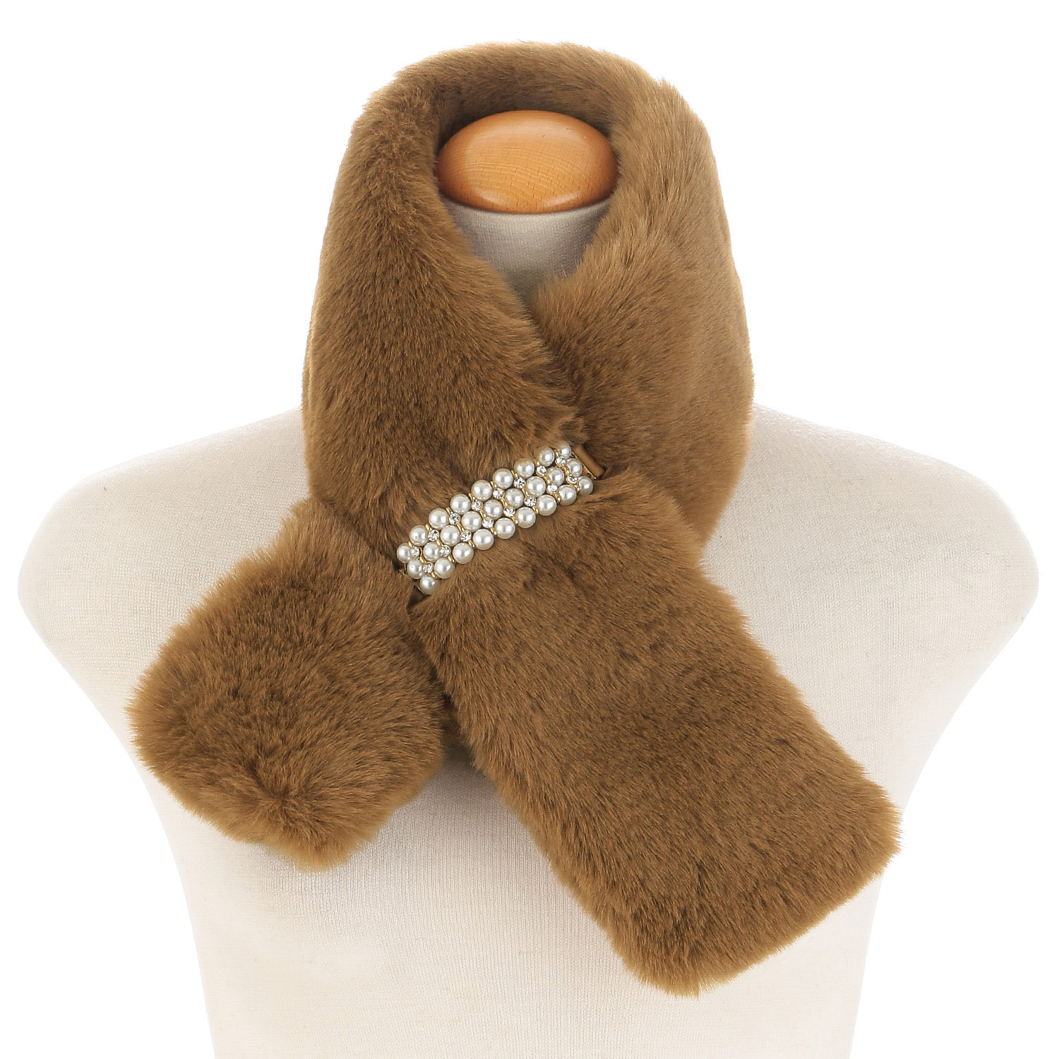 【ベージュ終了】フェイクファー パールビジュ－付きマフラー - 画像4