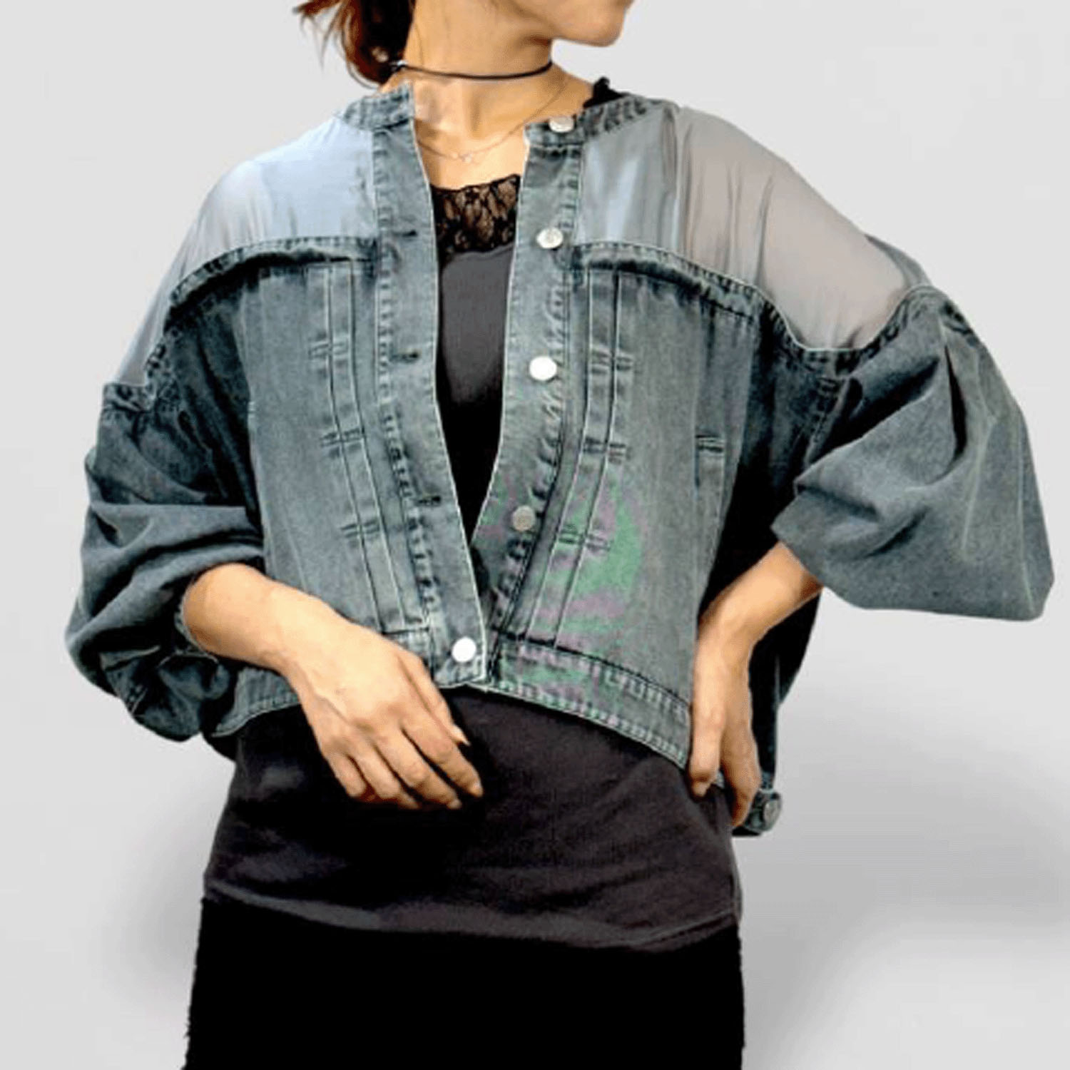 QTUME リメイク風デニムコンビジャケット