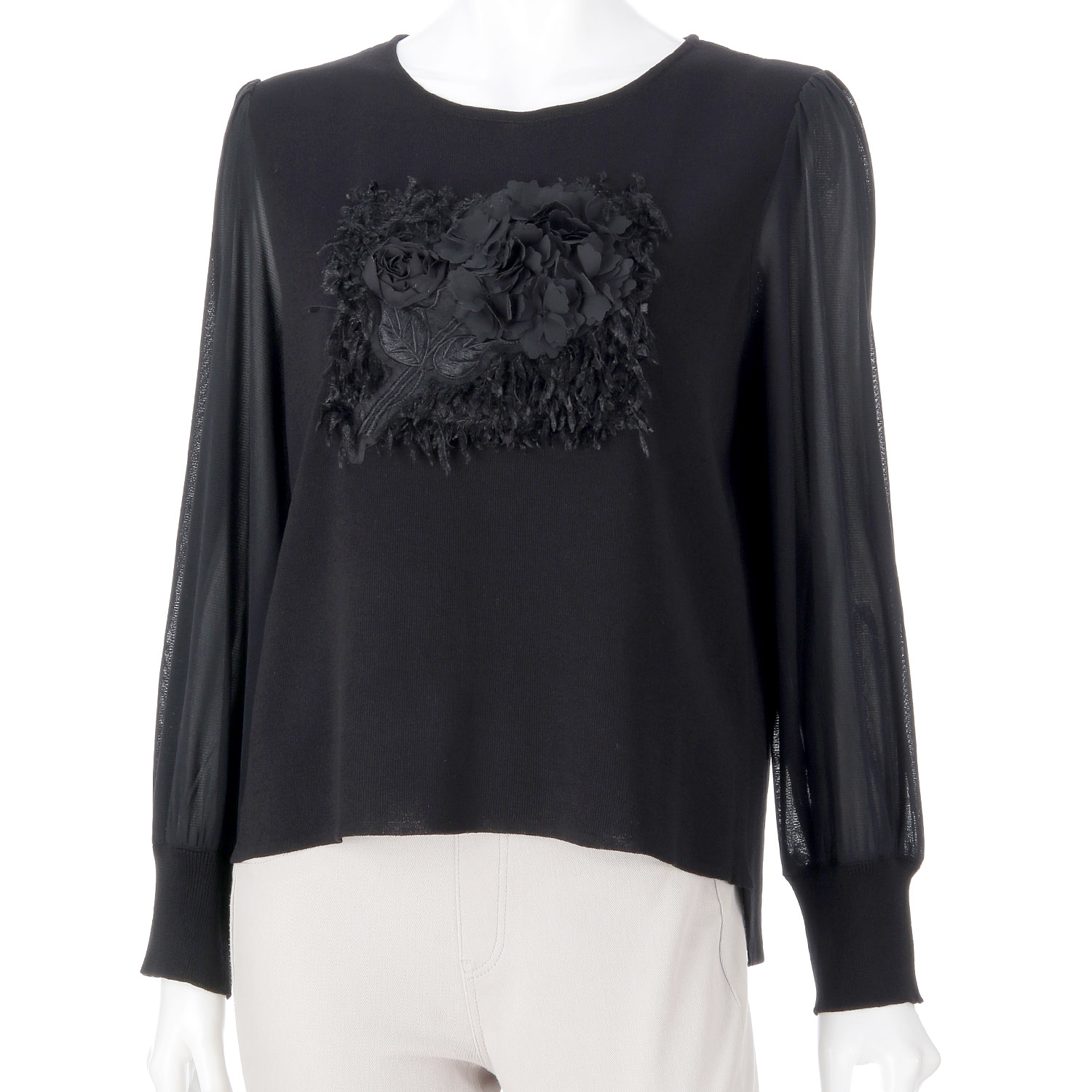 Super Beauty パワーネット素材袖胸元フラワーモチーフ使いセーター - 画像9