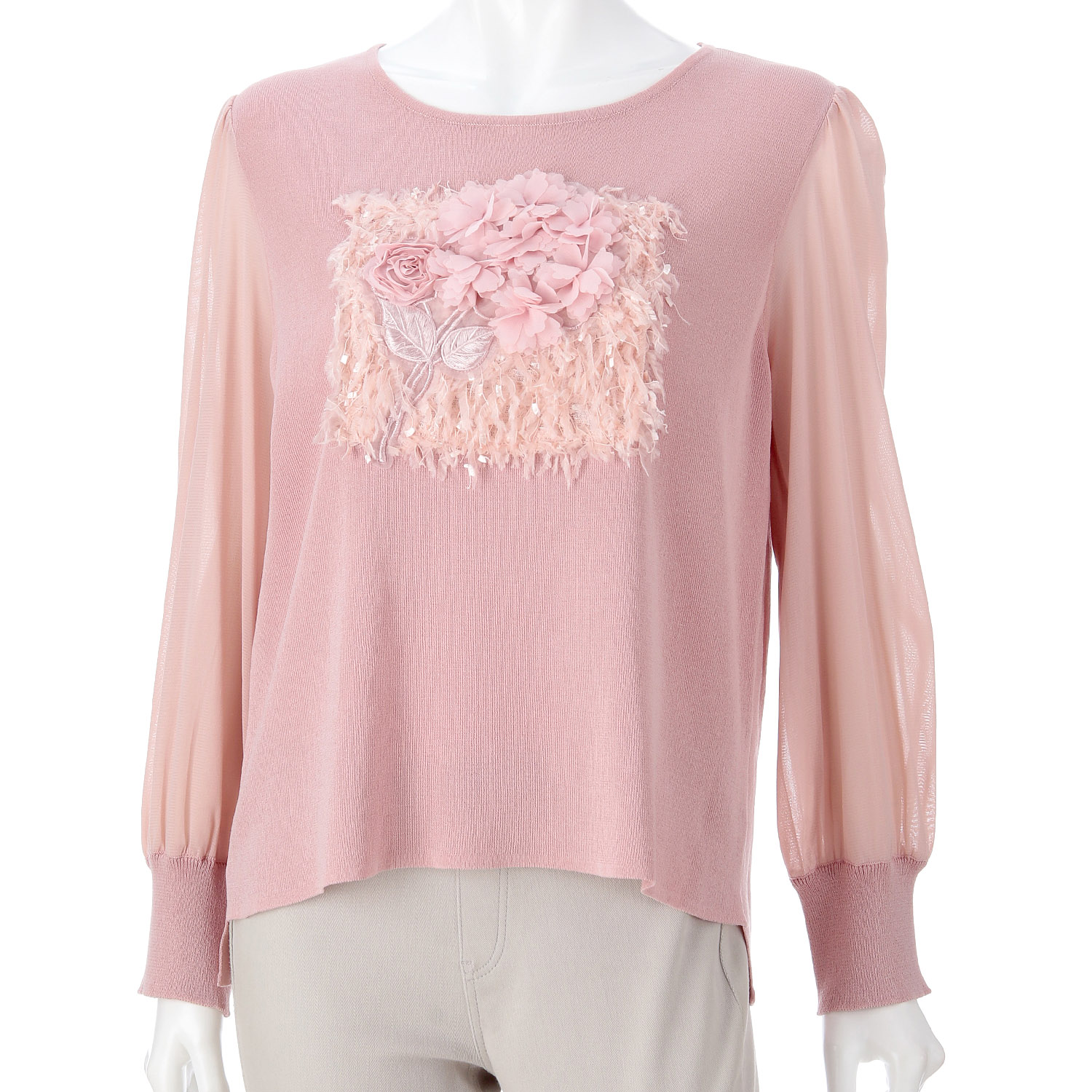 Super Beauty パワーネット素材袖胸元フラワーモチーフ使いセーター - 画像10