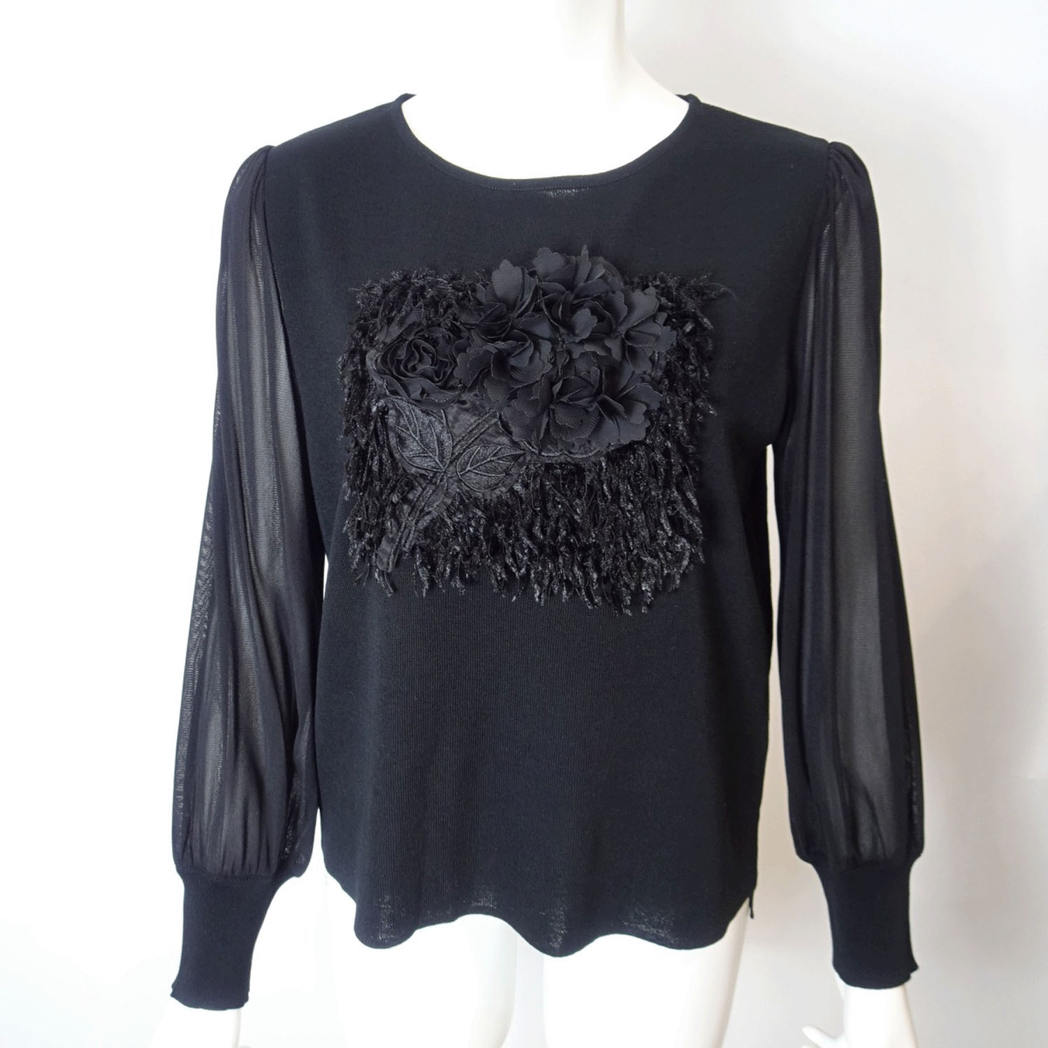 Super Beauty パワーネット素材袖胸元フラワーモチーフ使いセーター