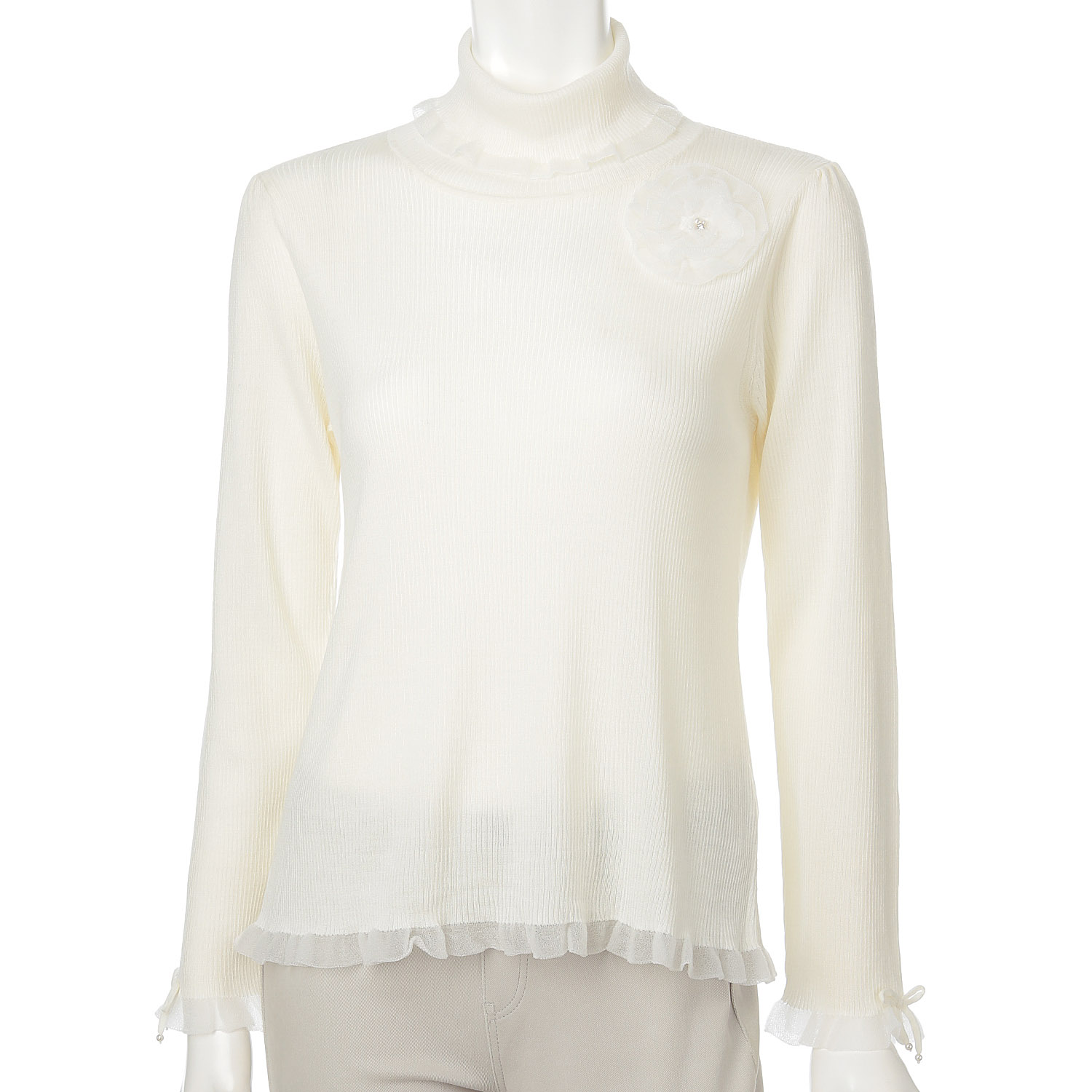 Super Beauty コサージュ付 衿・袖先透かしフリルデザインタートルネックセーター - 画像2