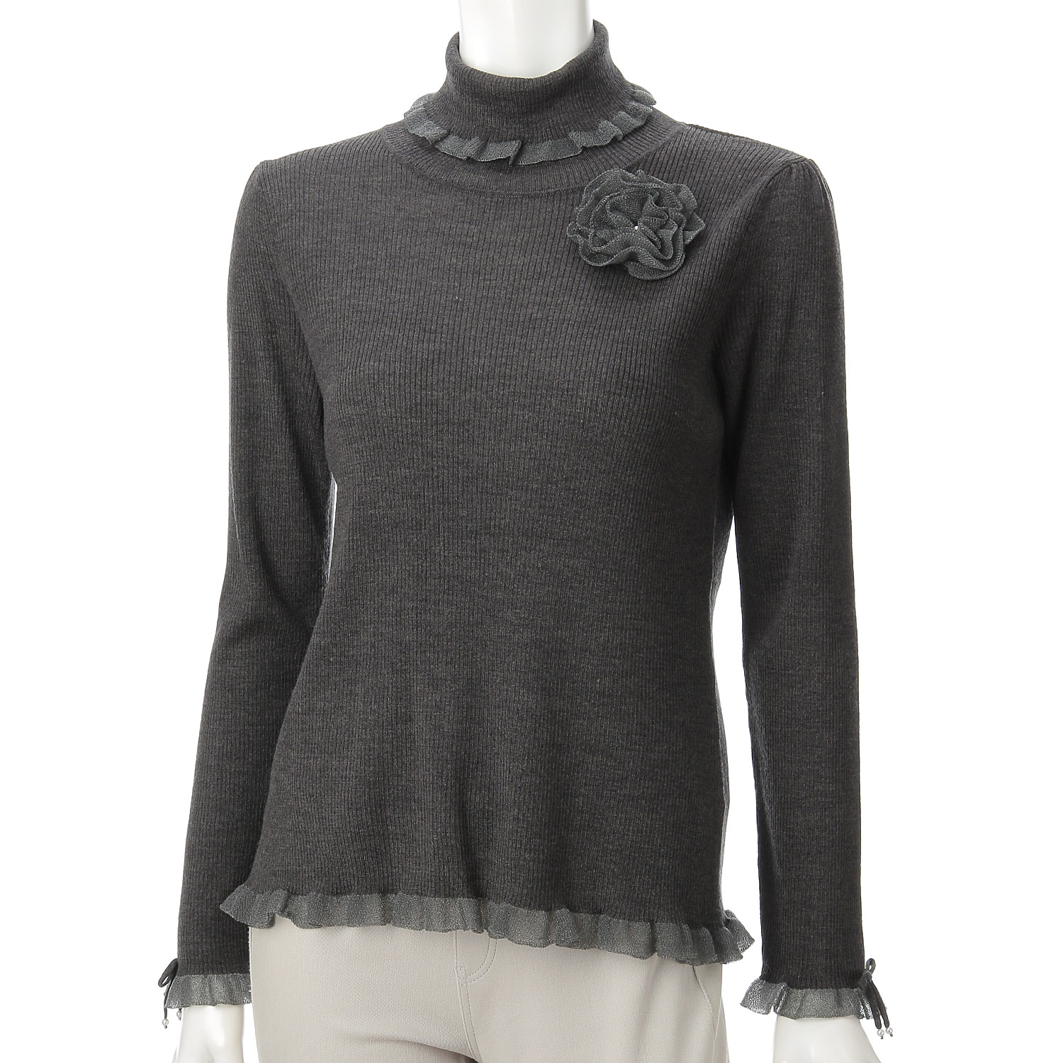 Super Beauty コサージュ付 衿・袖先透かしフリルデザインタートルネックセーター - 画像6