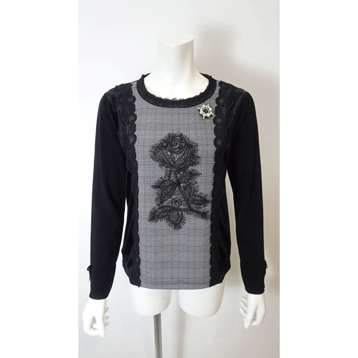 【Inata Live】Super Beauty ベロア袖×チェック柄 胸元レース使いセーター - 画像4