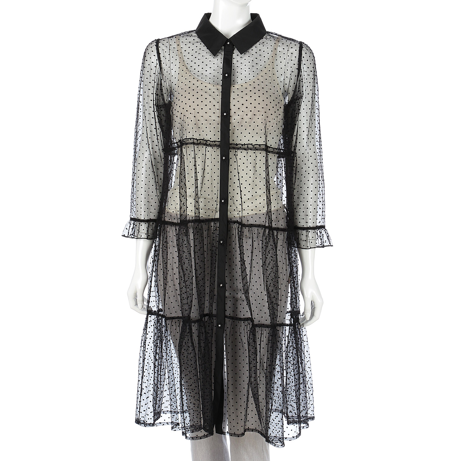 Super Beauty ドット柄チュール襟付きティアードブラウス - 画像9
