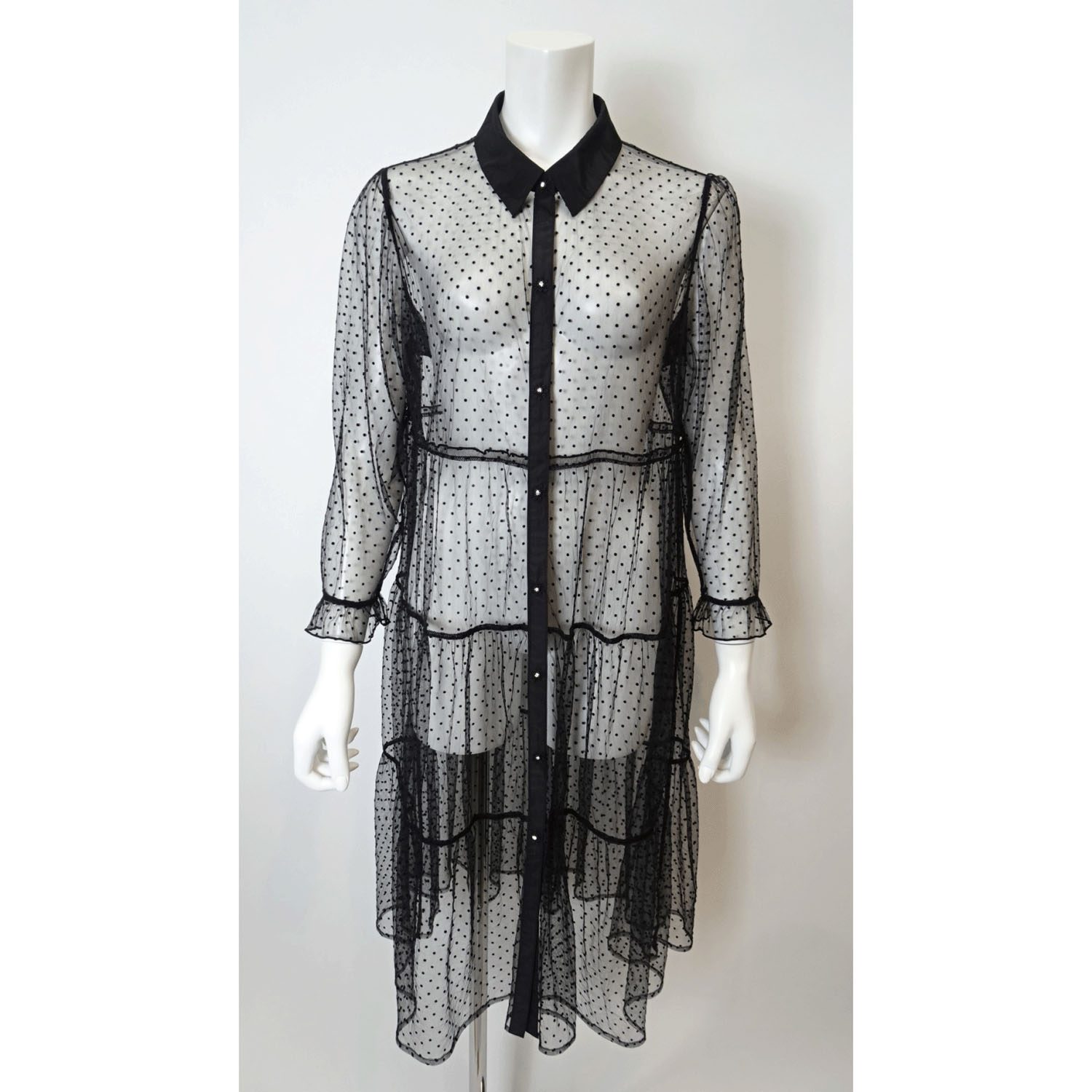 Super Beauty ドット柄チュール襟付きティアードブラウス