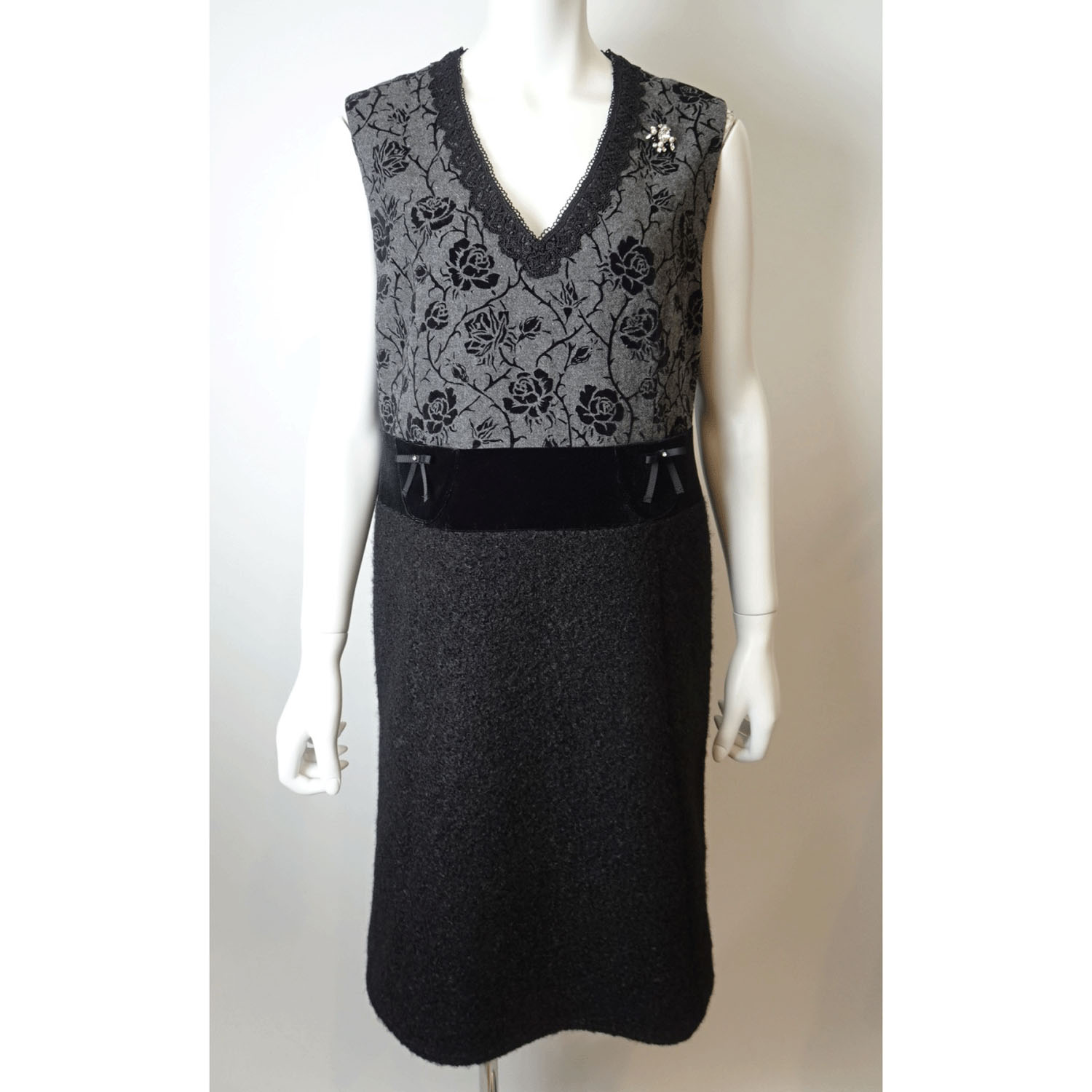 Super Beauty Vネックフロッキープリント切替ワンピース