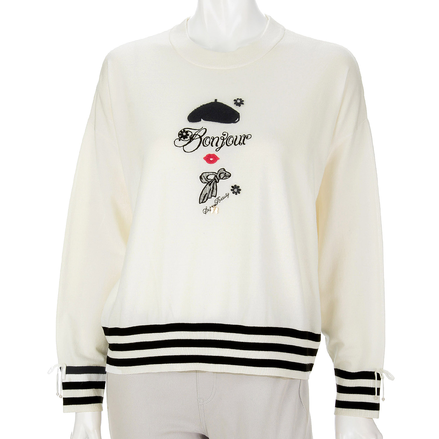 Super Beauty 胸元刺繍裾ボーダーニット - 画像6