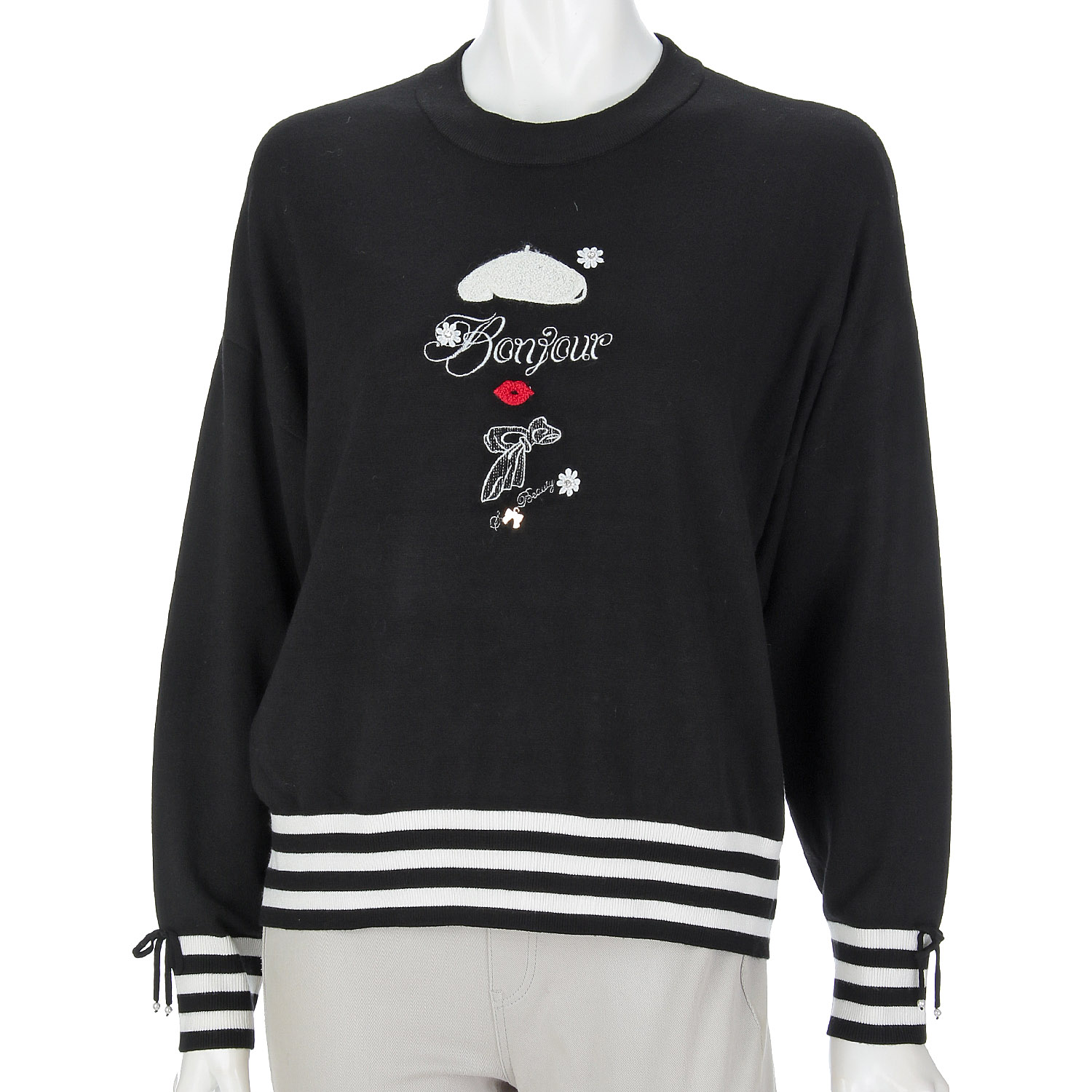 Super Beauty 胸元刺繍裾ボーダーニット - 画像10