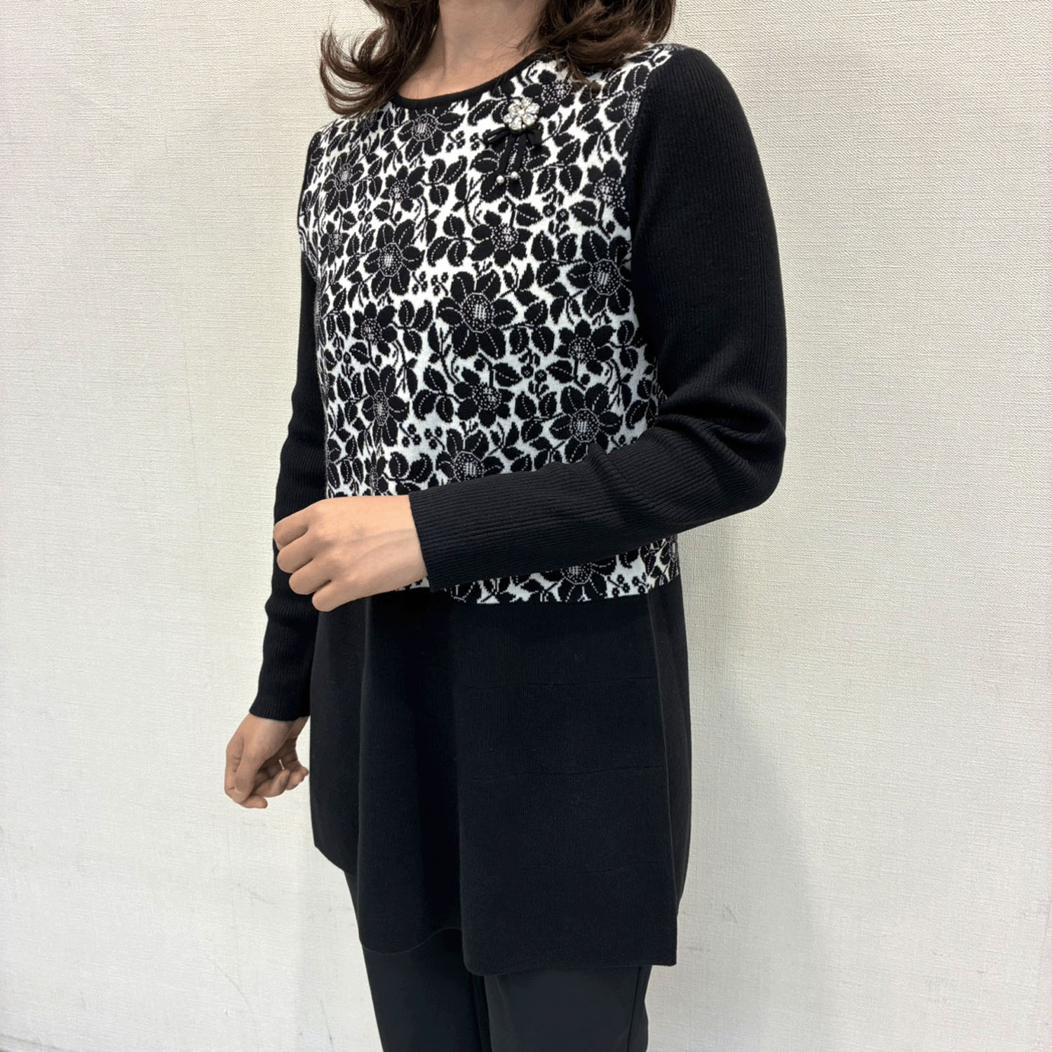 Super Beauty 花柄ジャカードニットチュニックプルオーバー - 画像3