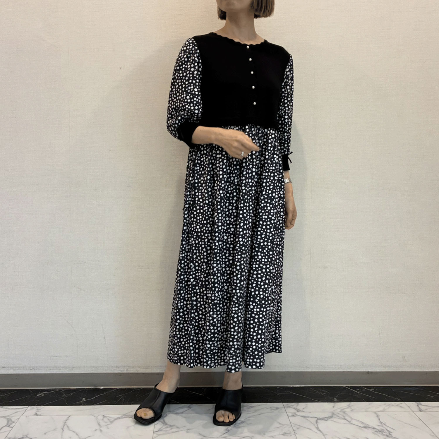 Super Beautyかぎ針花モチーフ使いニット×ドット柄切替ワンピース - 画像3